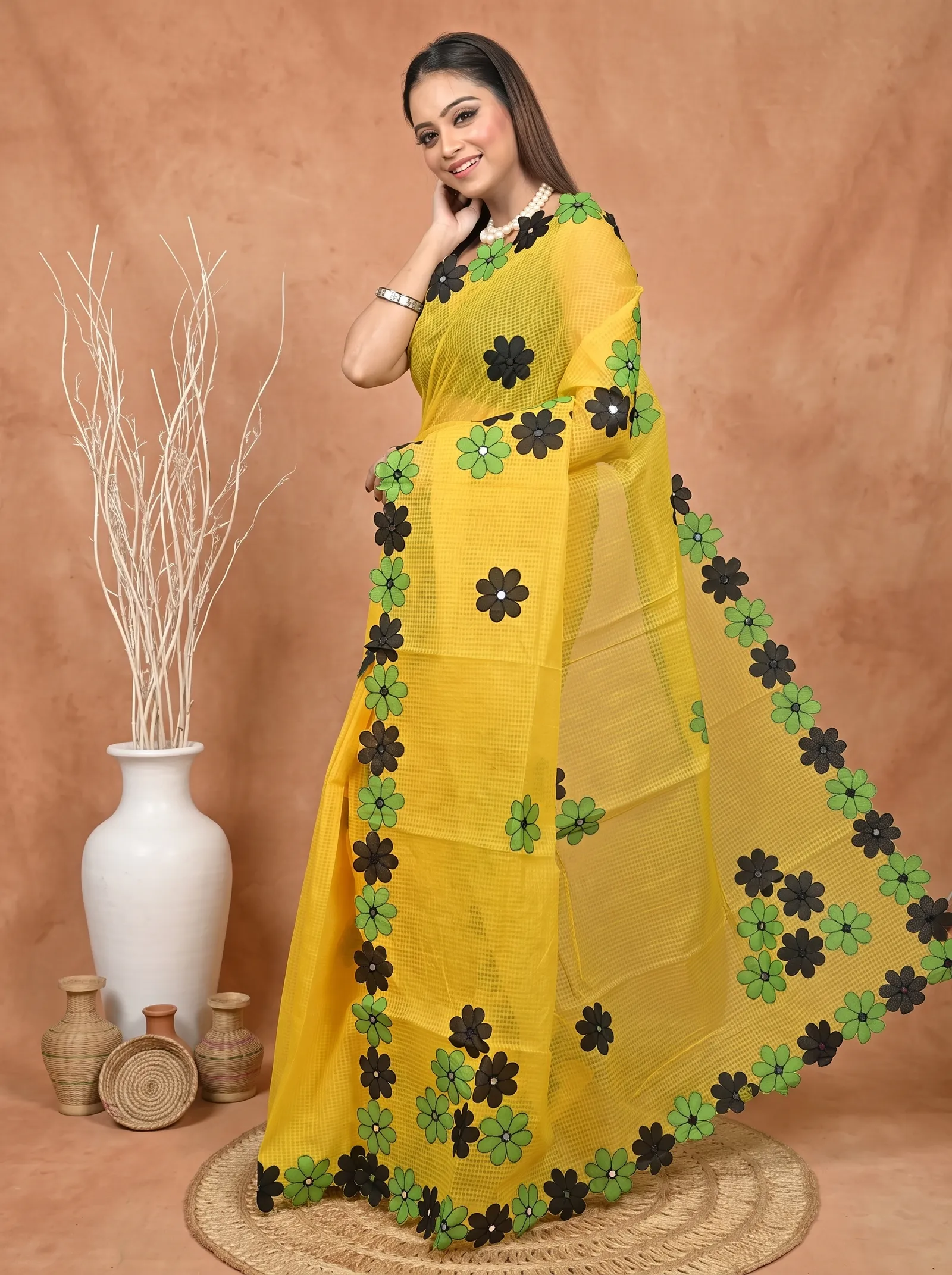 DipDiya Pure Cotton  Traditional Bengali Yellow Artisan Crafted Kotaplik Kota Applique Saree