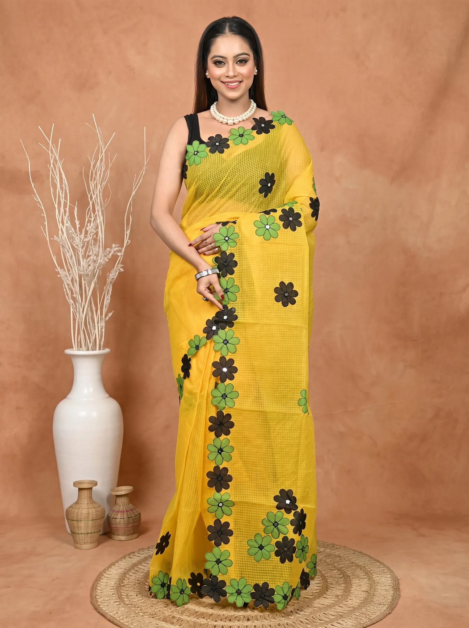 DipDiya Pure Cotton  Traditional Bengali Yellow Artisan Crafted Kotaplik Kota Applique Saree