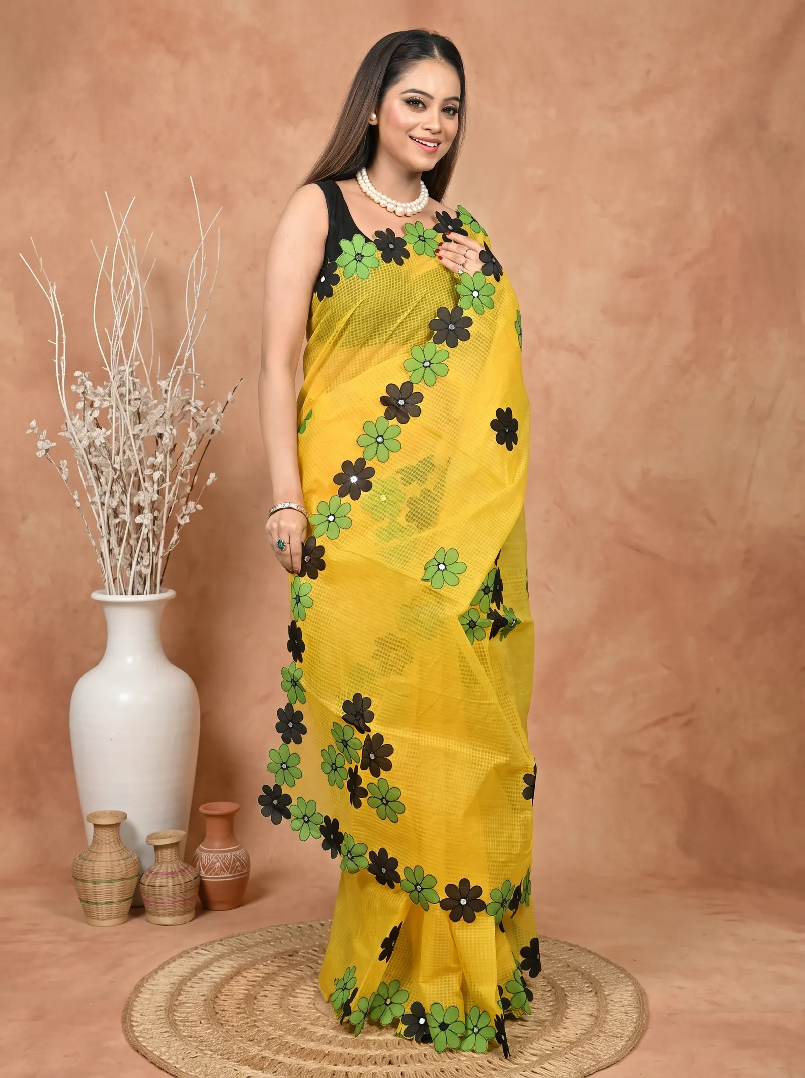 DipDiya Pure Cotton  Traditional Bengali Yellow Artisan Crafted Kotaplik Kota Applique Saree