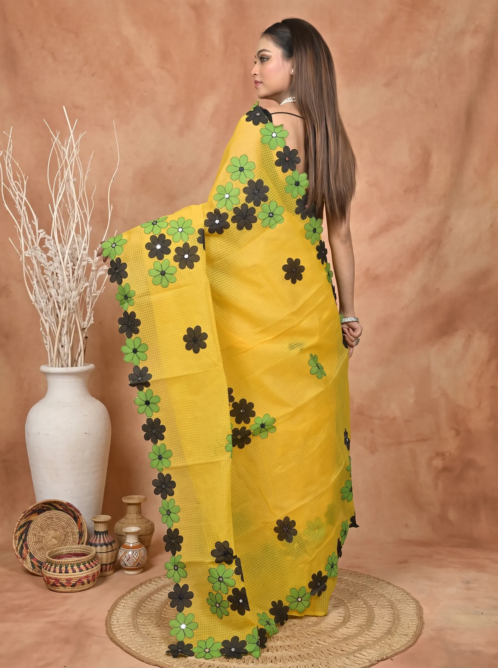 DipDiya Pure Cotton  Traditional Bengali Yellow Artisan Crafted Kotaplik Kota Applique Saree