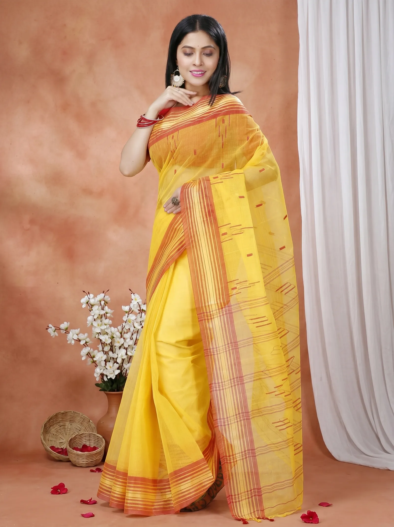 DipDiya Pure Cotton  Traditional Bengali Yellow Artisan Crafted Naman Tant Saree