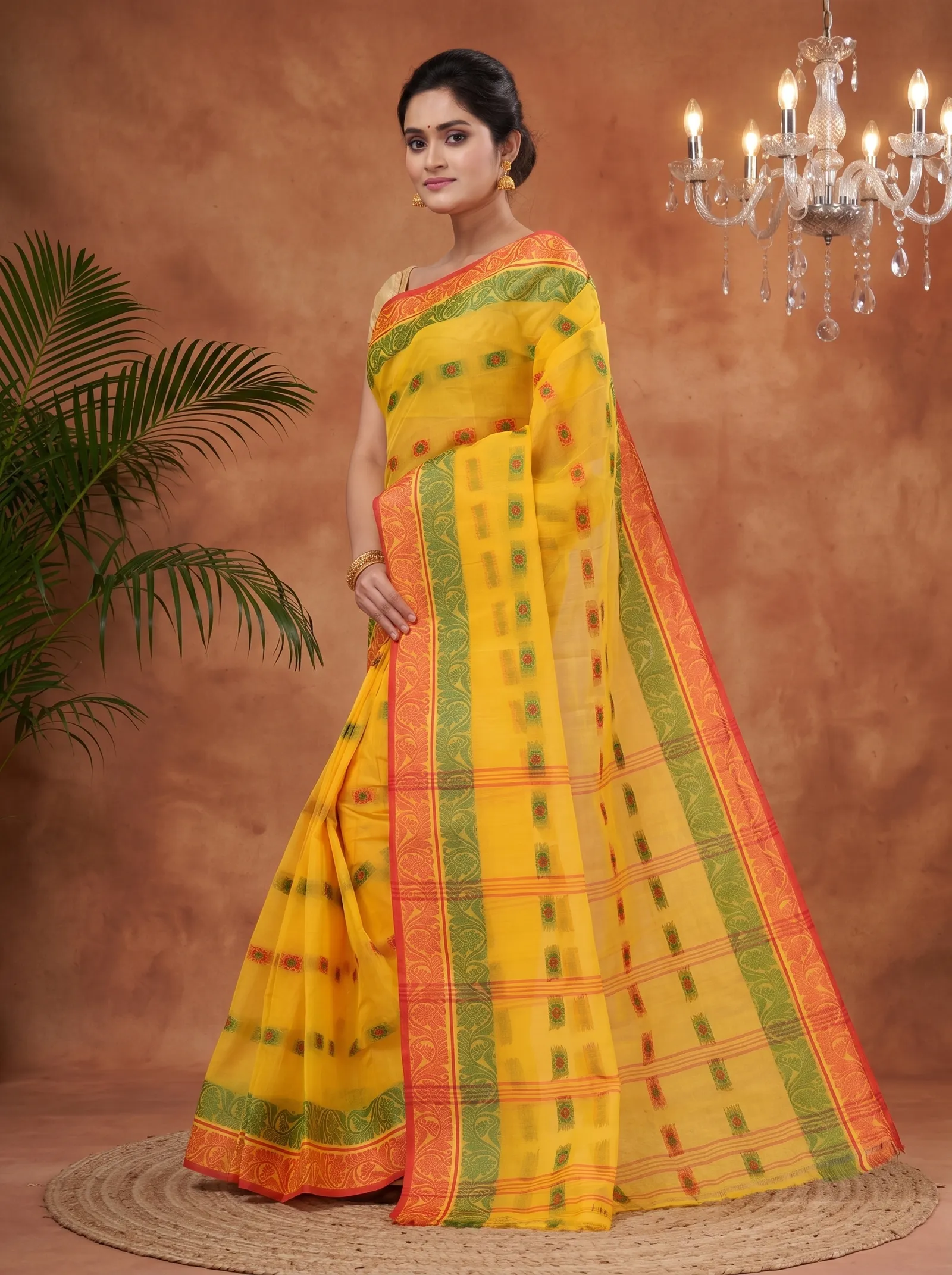 DipDiya Pure Cotton  Traditional Bengali Yellow Artisan Crafted Pushti Desiging Tant Saree