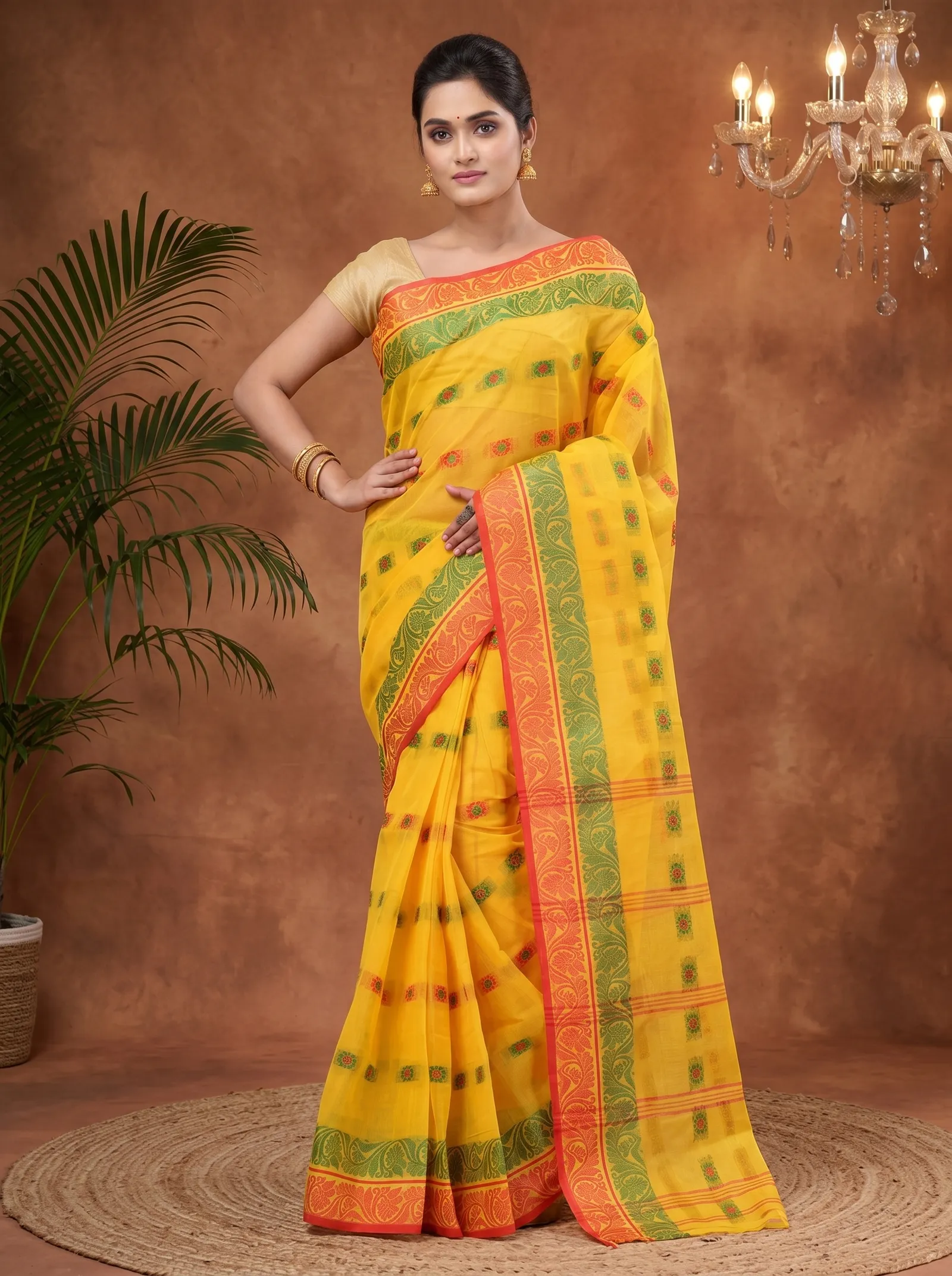 DipDiya Pure Cotton  Traditional Bengali Yellow Artisan Crafted Pushti Desiging Tant Saree