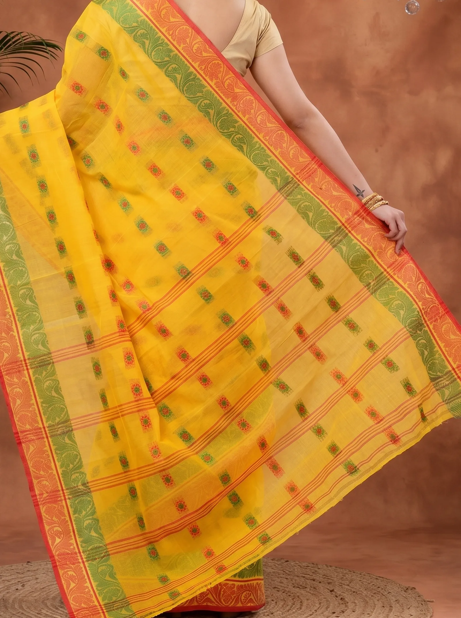 DipDiya Pure Cotton  Traditional Bengali Yellow Artisan Crafted Pushti Desiging Tant Saree