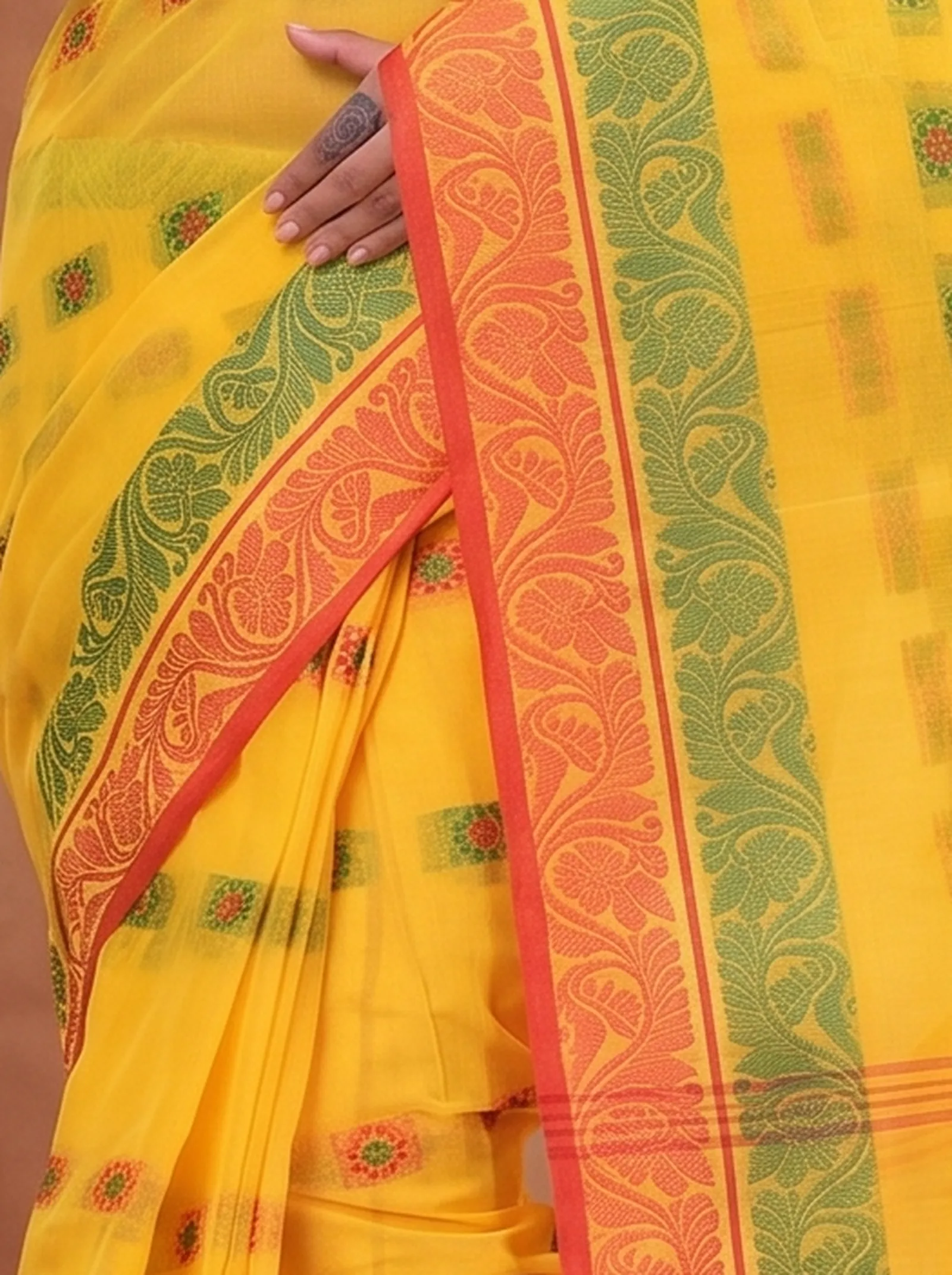 DipDiya Pure Cotton  Traditional Bengali Yellow Artisan Crafted Pushti Desiging Tant Saree