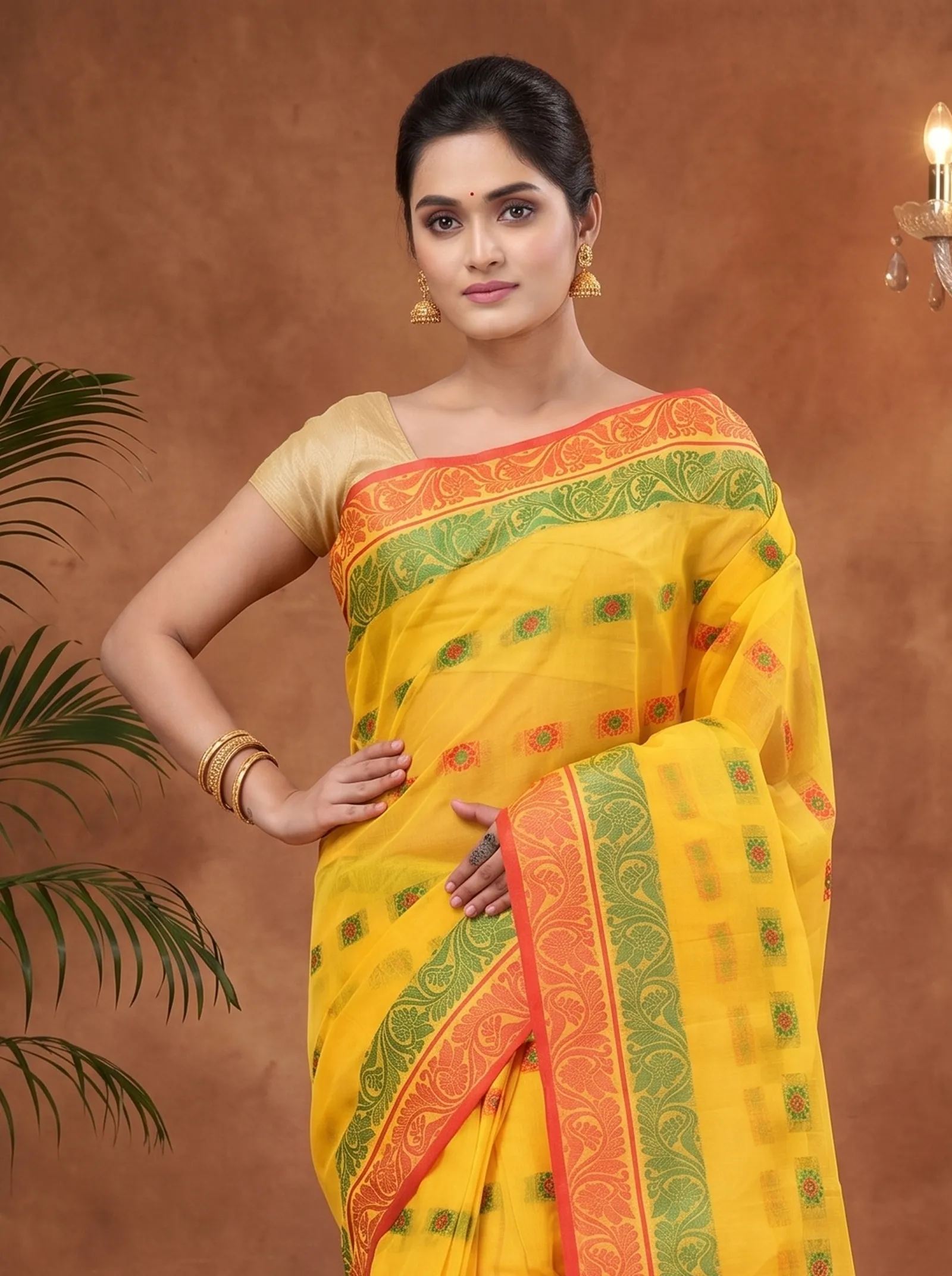 DipDiya Pure Cotton  Traditional Bengali Yellow Artisan Crafted Pushti Desiging Tant Saree