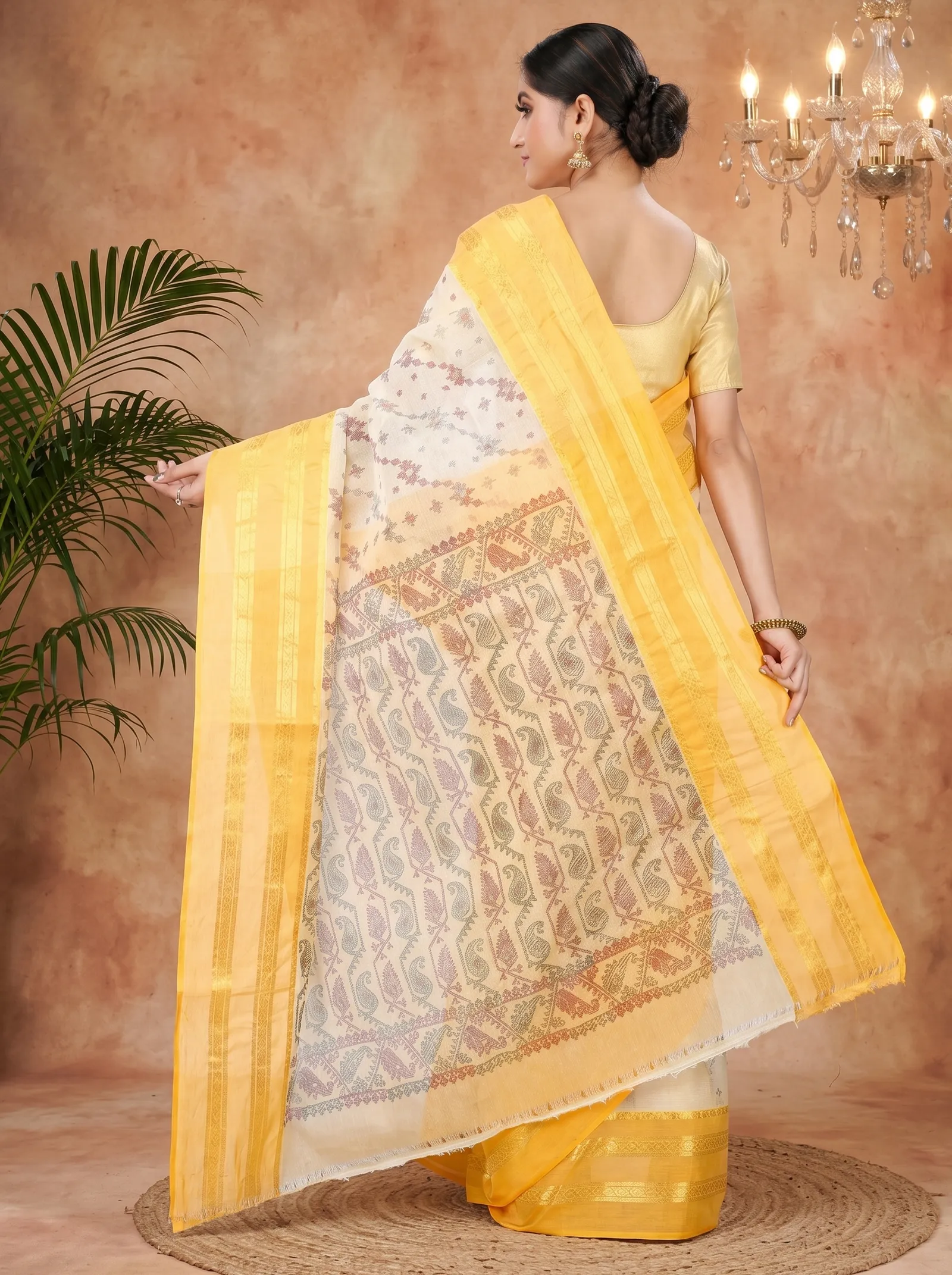 DipDiya Pure Cotton  Traditional Bengali Yellow Artisan Crafted Rashi Print Printed Tant Saree