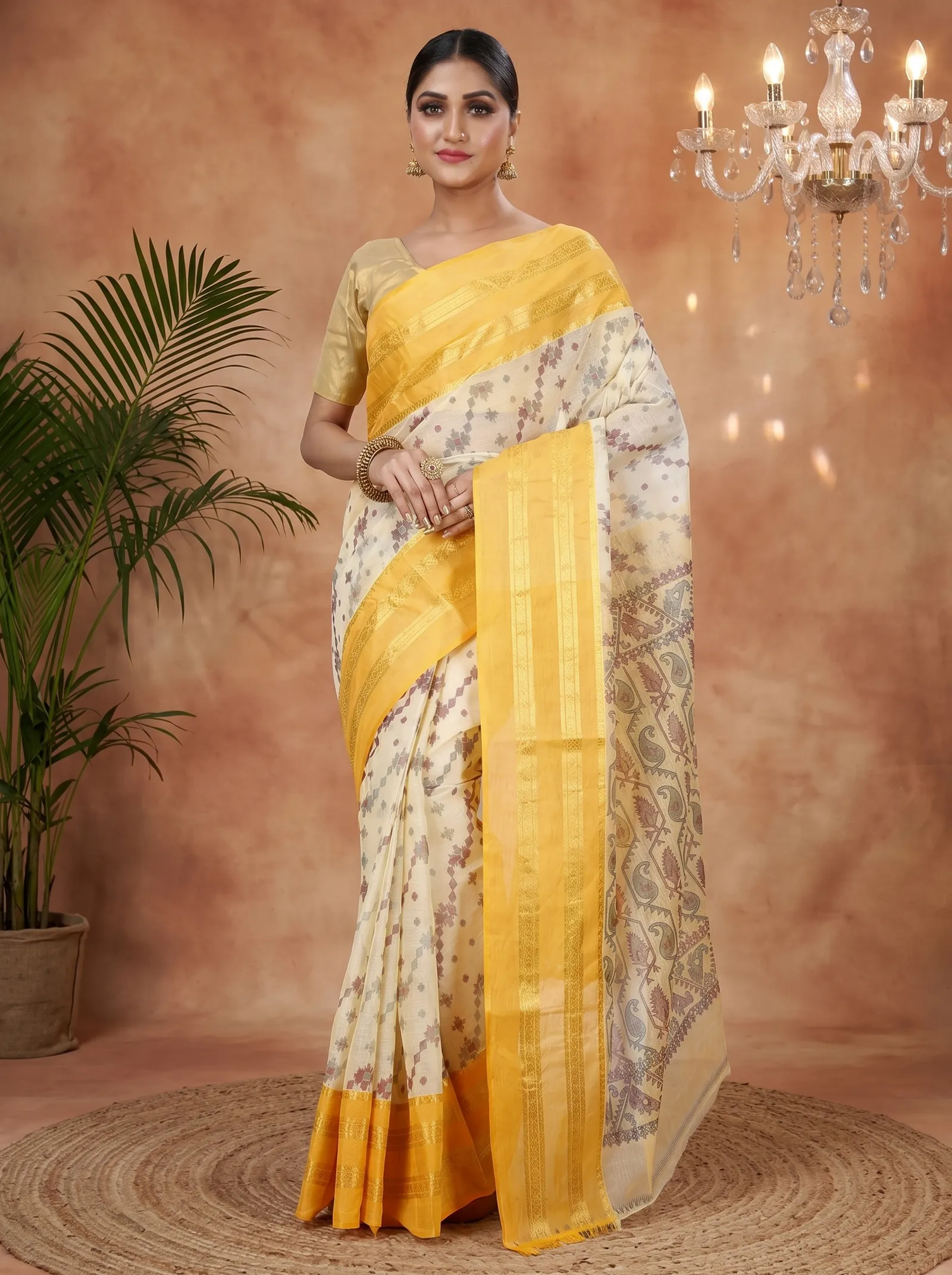 DipDiya Pure Cotton  Traditional Bengali Yellow Artisan Crafted Rashi Print Printed Tant Saree