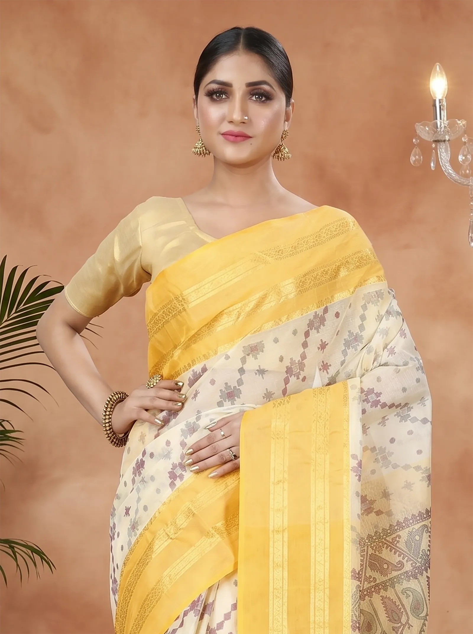 DipDiya Pure Cotton  Traditional Bengali Yellow Artisan Crafted Rashi Print Printed Tant Saree