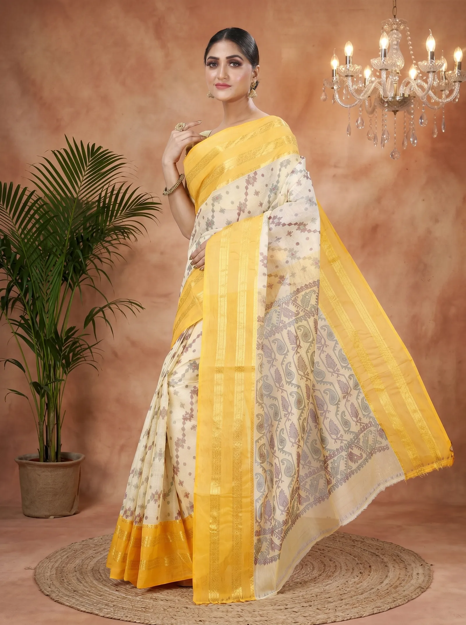 DipDiya Pure Cotton  Traditional Bengali Yellow Artisan Crafted Rashi Print Printed Tant Saree