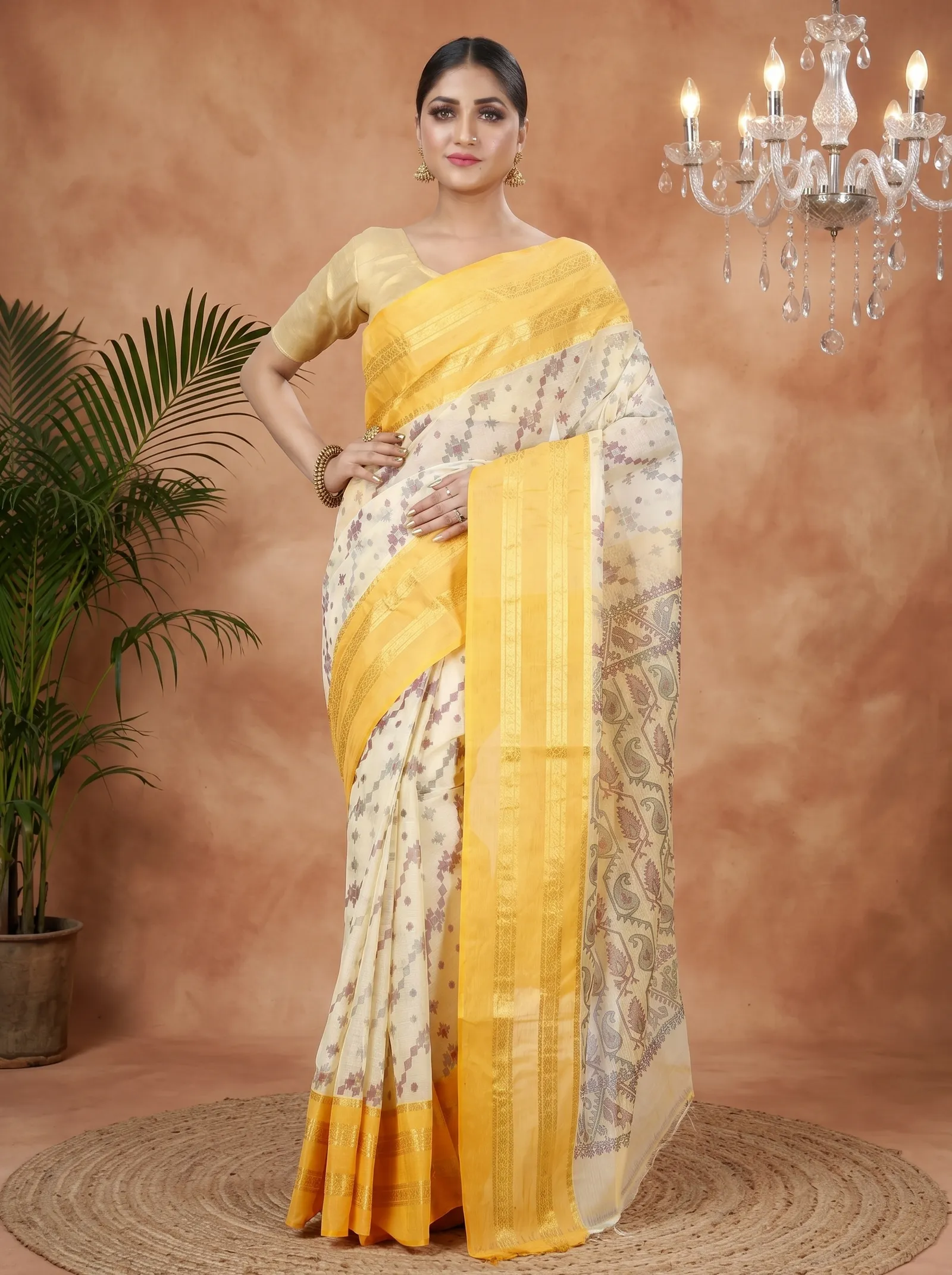 DipDiya Pure Cotton  Traditional Bengali Yellow Artisan Crafted Rashi Print Printed Tant Saree