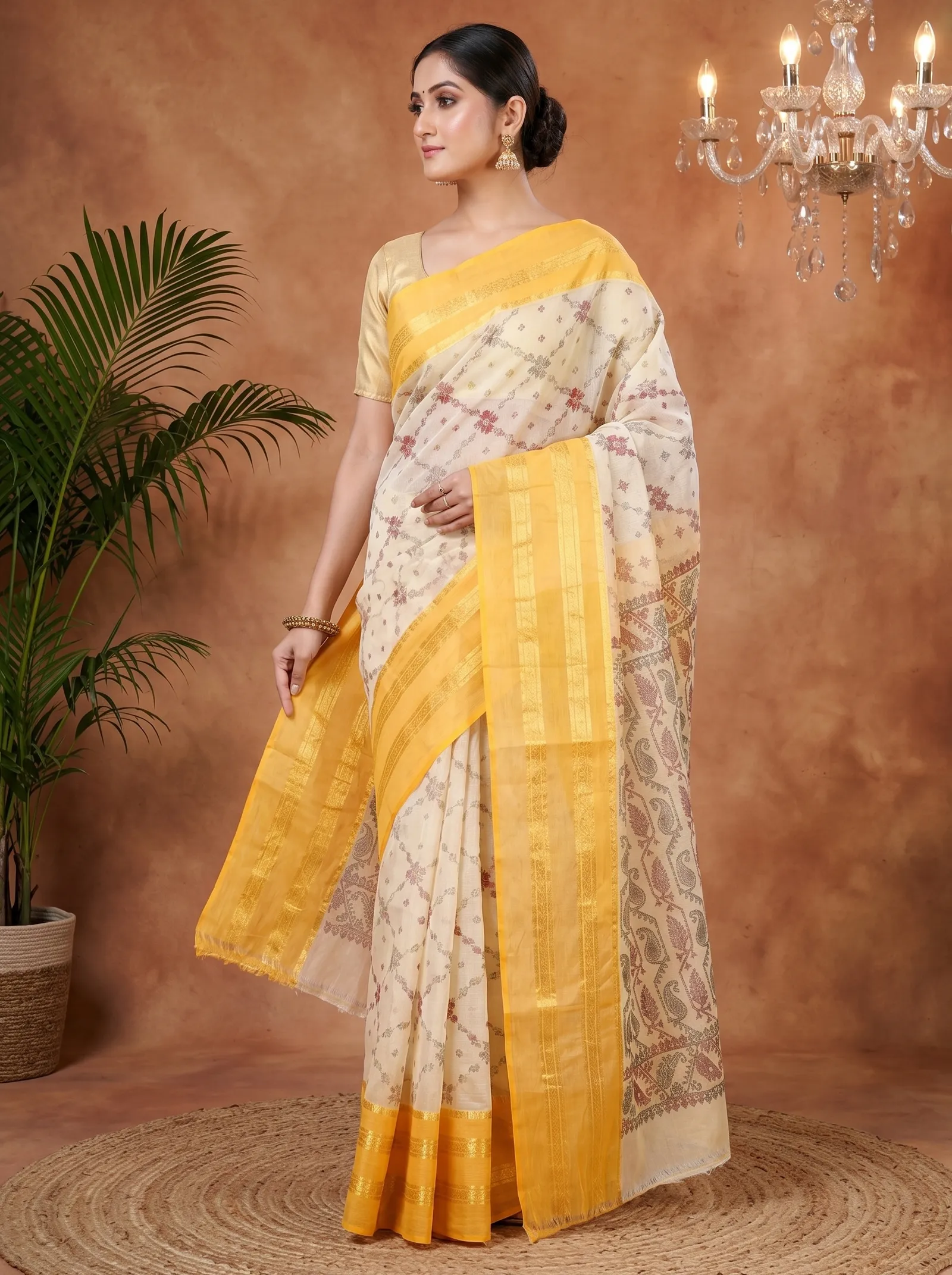 DipDiya Pure Cotton  Traditional Bengali Yellow Artisan Crafted Rashi Print Printed Tant Saree