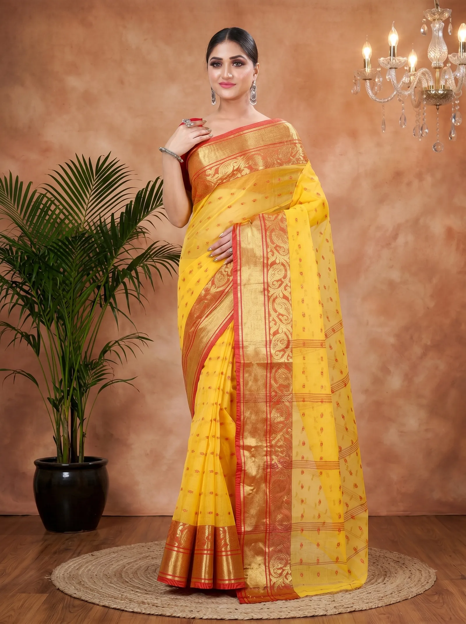 DipDiya Pure Cotton  Traditional Bengali Yellow Artisan Crafted Sachi Tant Saree