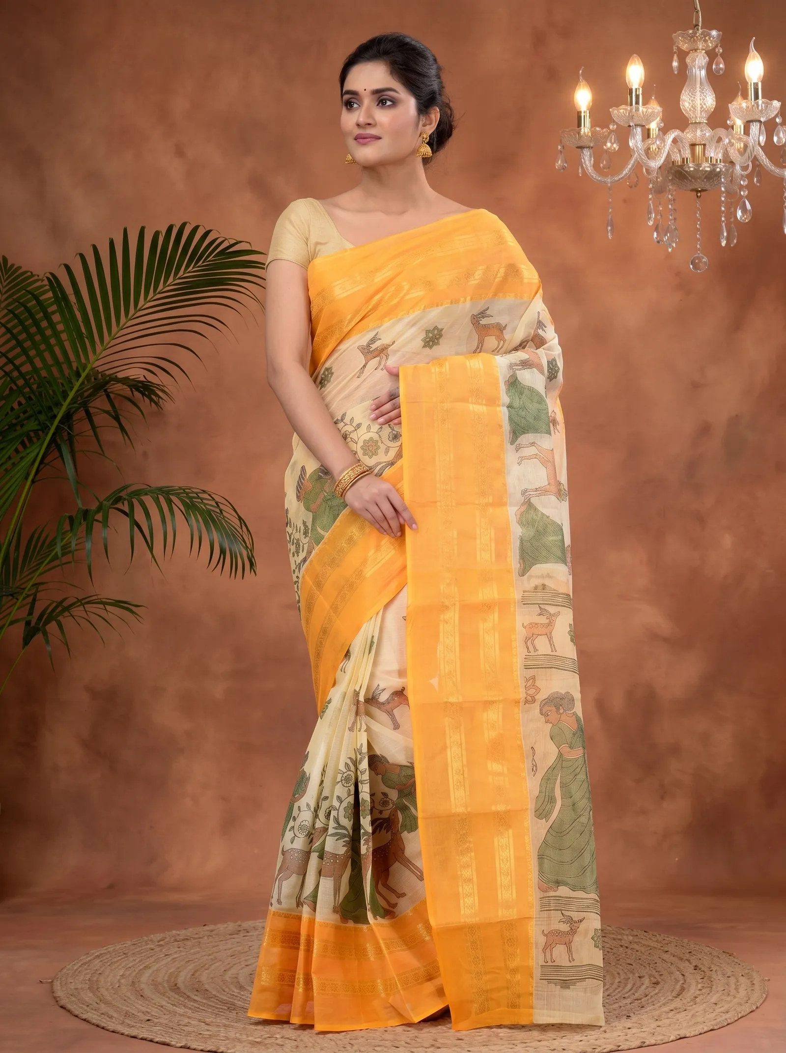 DipDiya Pure Cotton  Traditional Bengali Yellow Artisan Crafted Sakuntala Printed Tant Saree