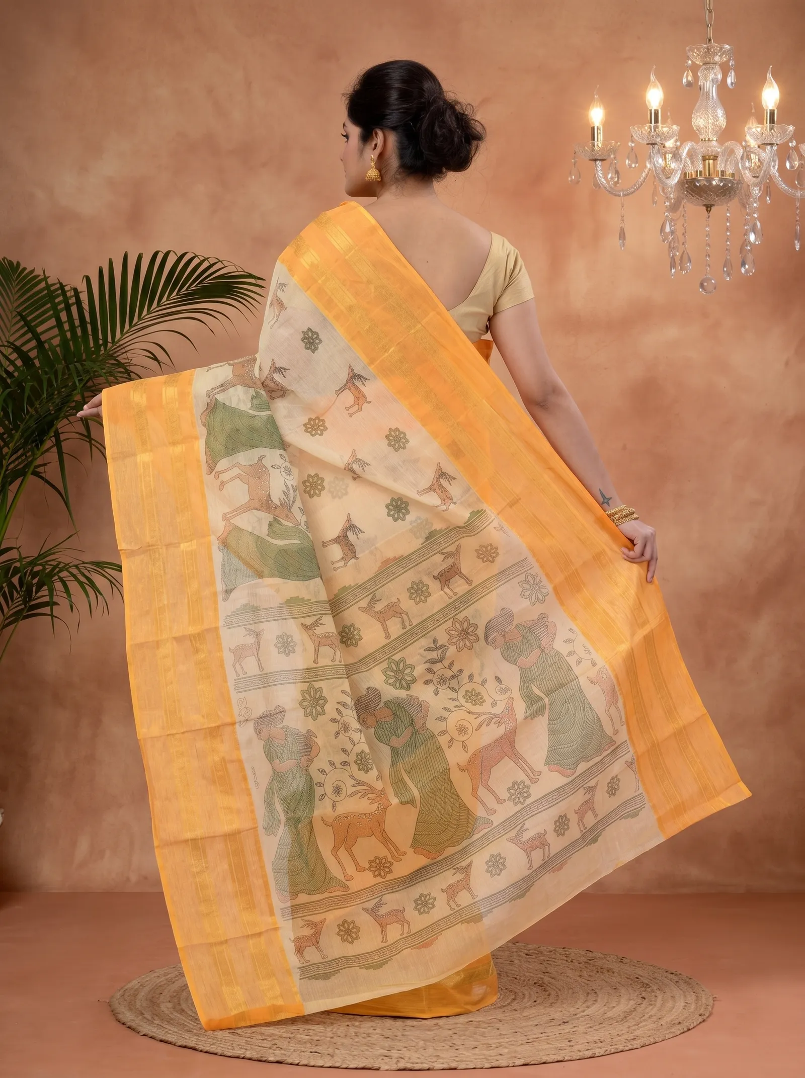 DipDiya Pure Cotton  Traditional Bengali Yellow Artisan Crafted Sakuntala Printed Tant Saree