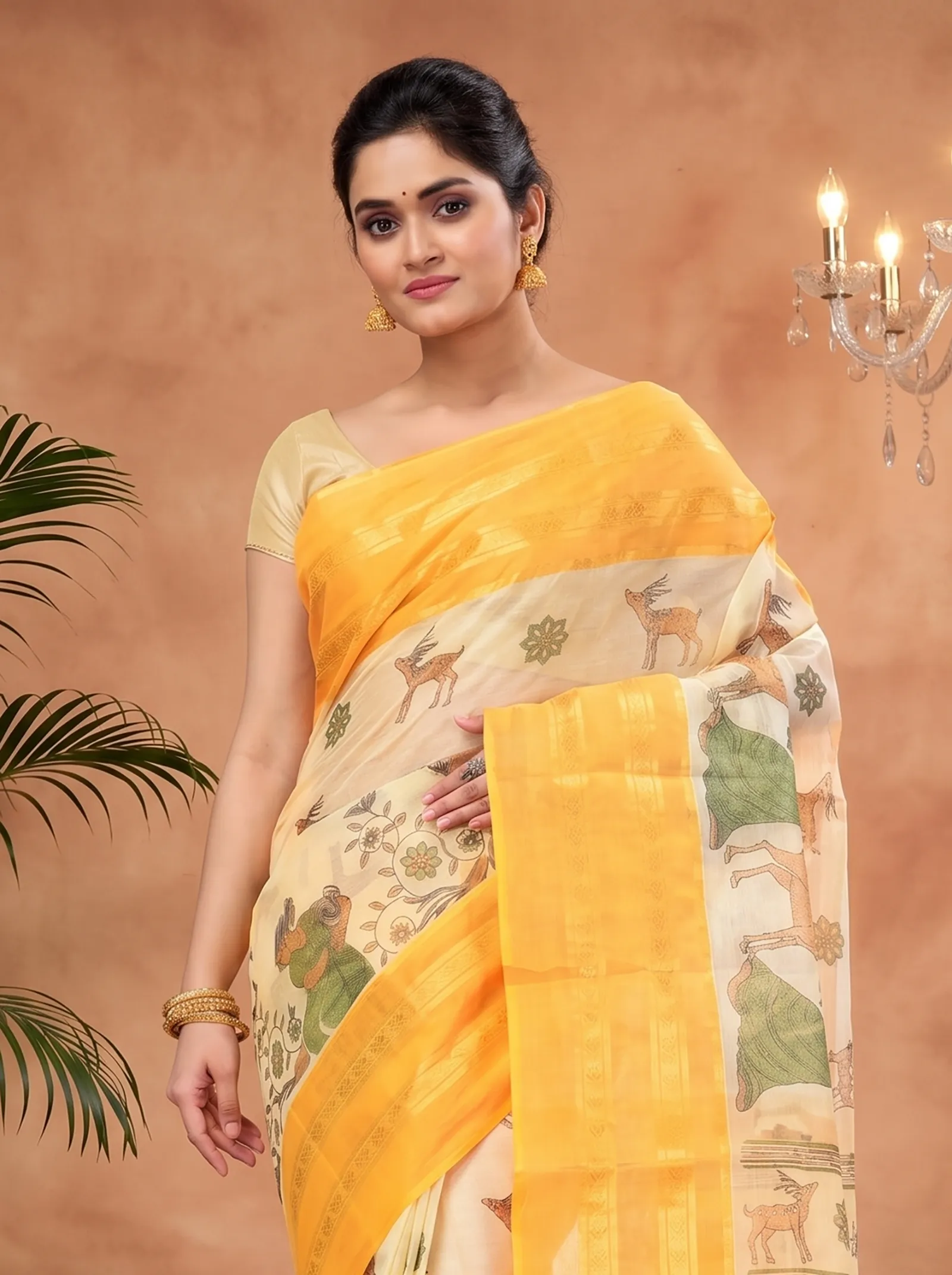 DipDiya Pure Cotton  Traditional Bengali Yellow Artisan Crafted Sakuntala Printed Tant Saree
