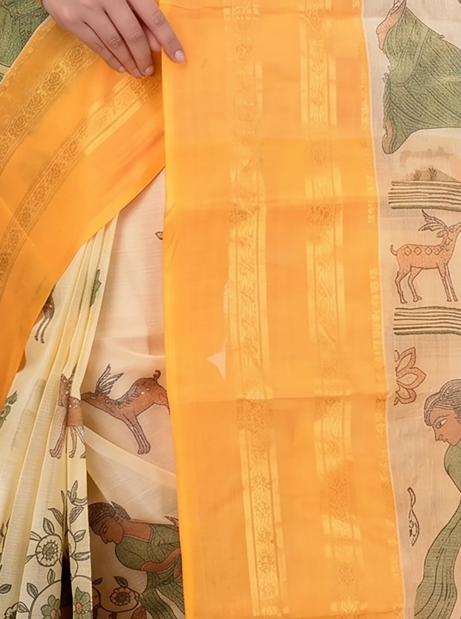 DipDiya Pure Cotton  Traditional Bengali Yellow Artisan Crafted Sakuntala Printed Tant Saree