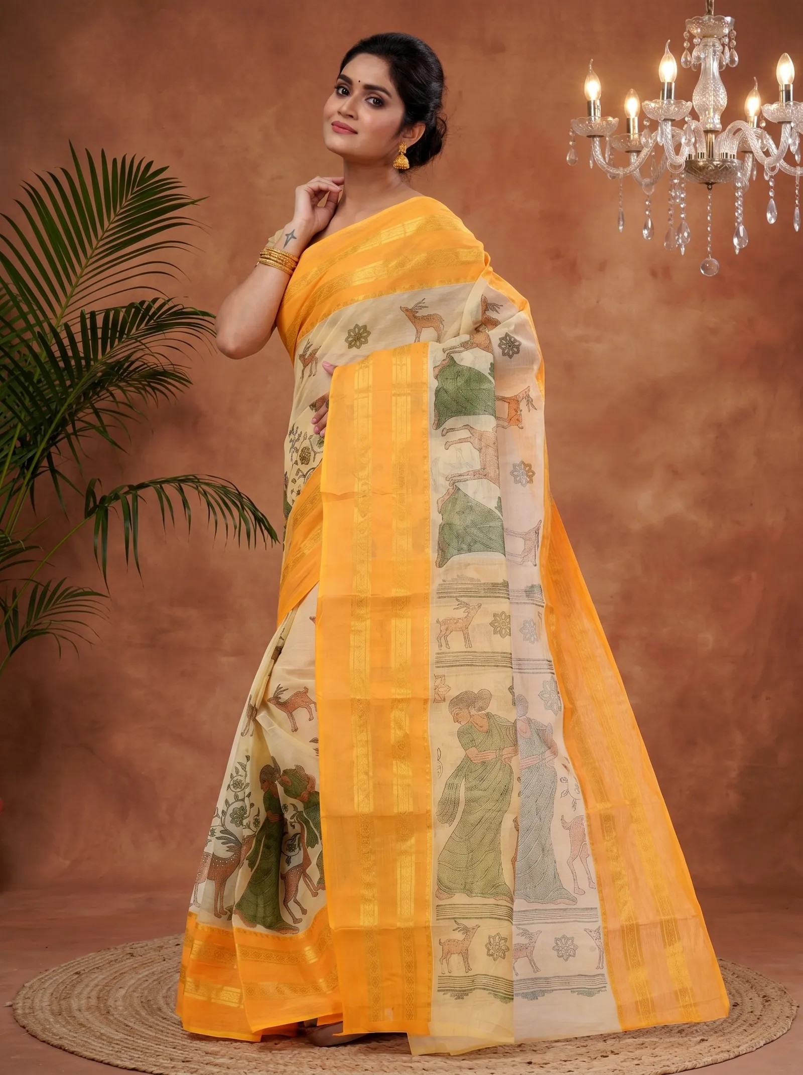 DipDiya Pure Cotton  Traditional Bengali Yellow Artisan Crafted Sakuntala Printed Tant Saree