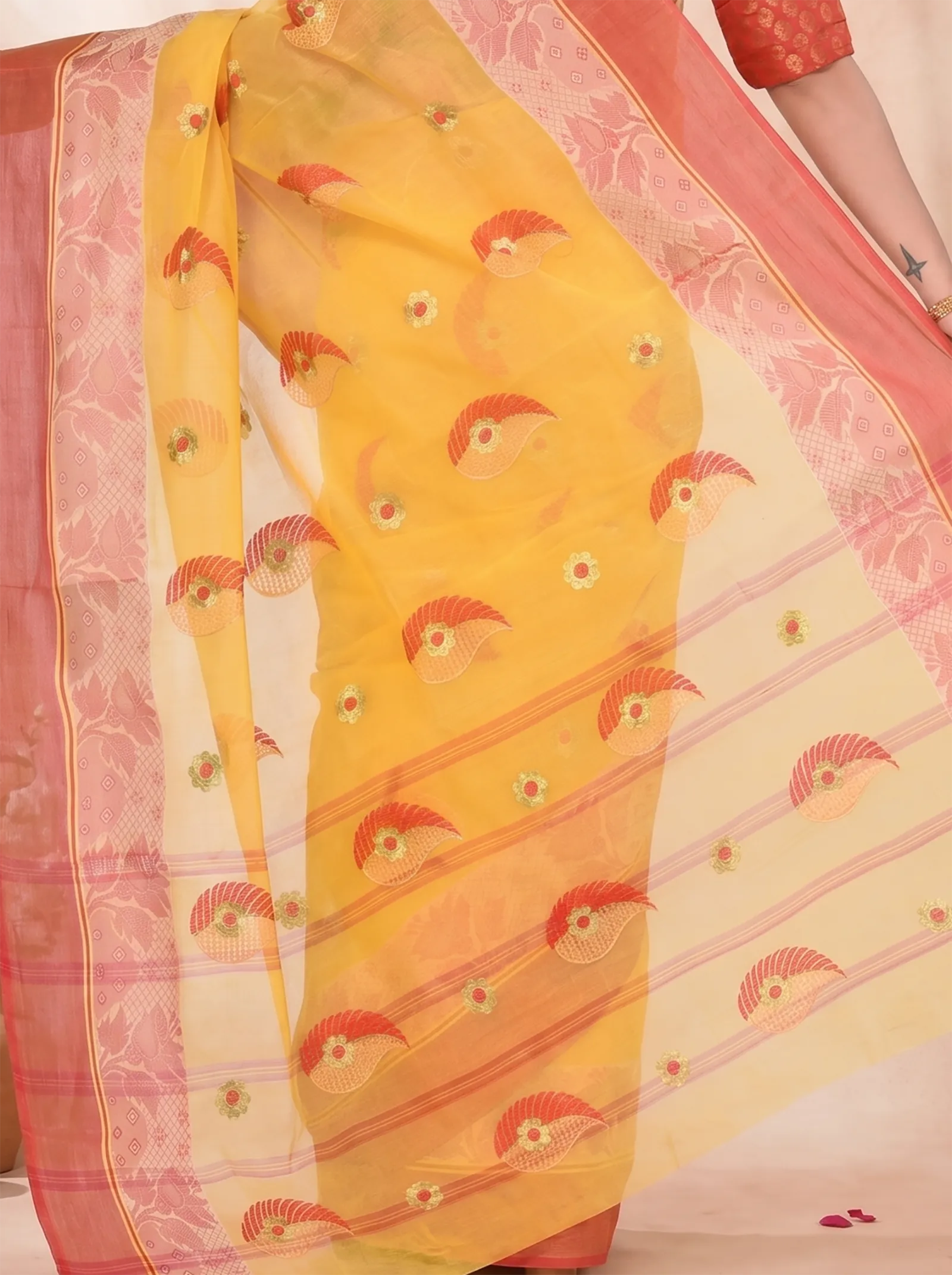 DipDiya Pure Cotton  Traditional Bengali Yellow Artisan Crafted Shanko Embro Embroidery Tant Saree