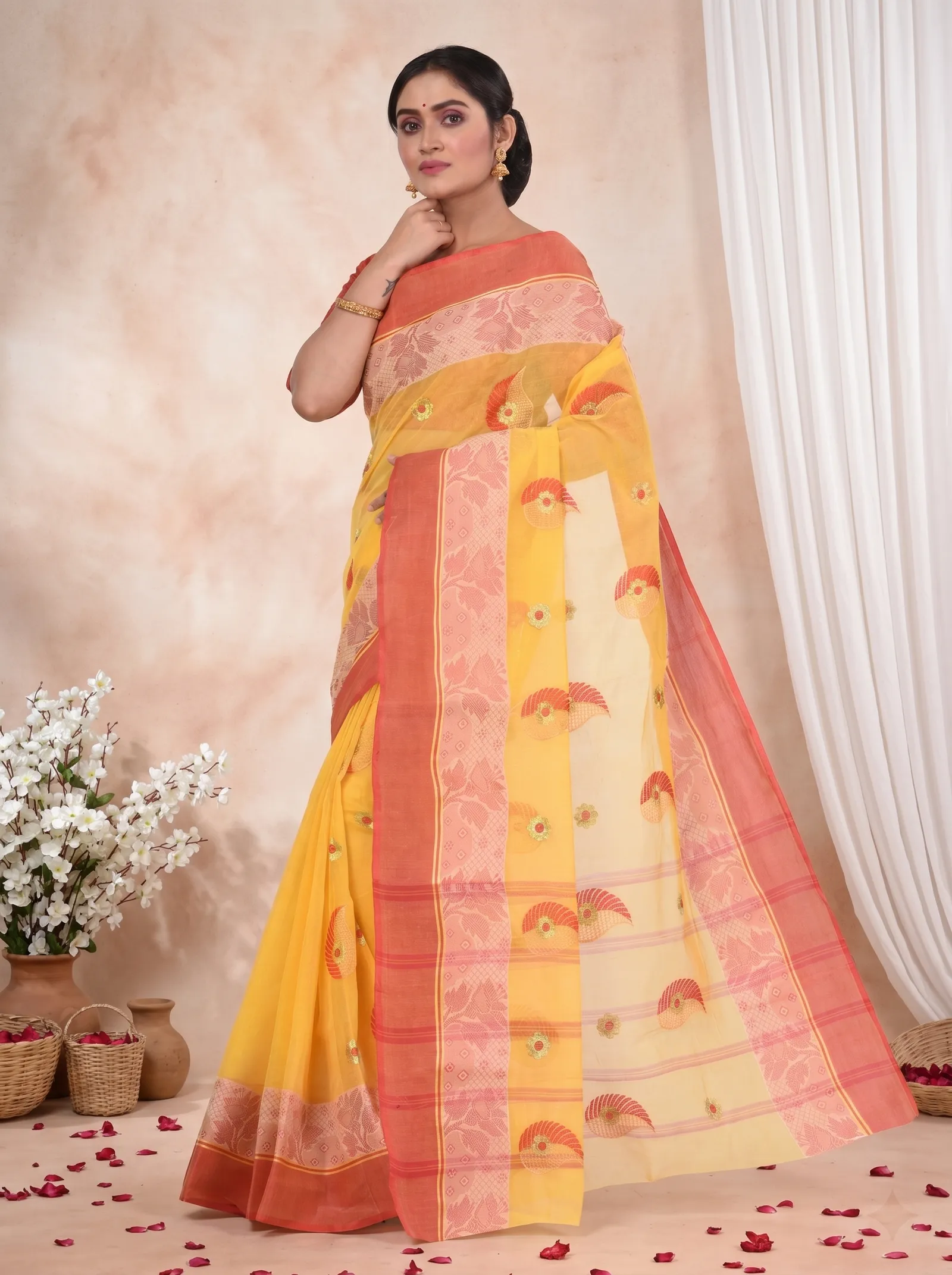 DipDiya Pure Cotton  Traditional Bengali Yellow Artisan Crafted Shanko Embro Embroidery Tant Saree