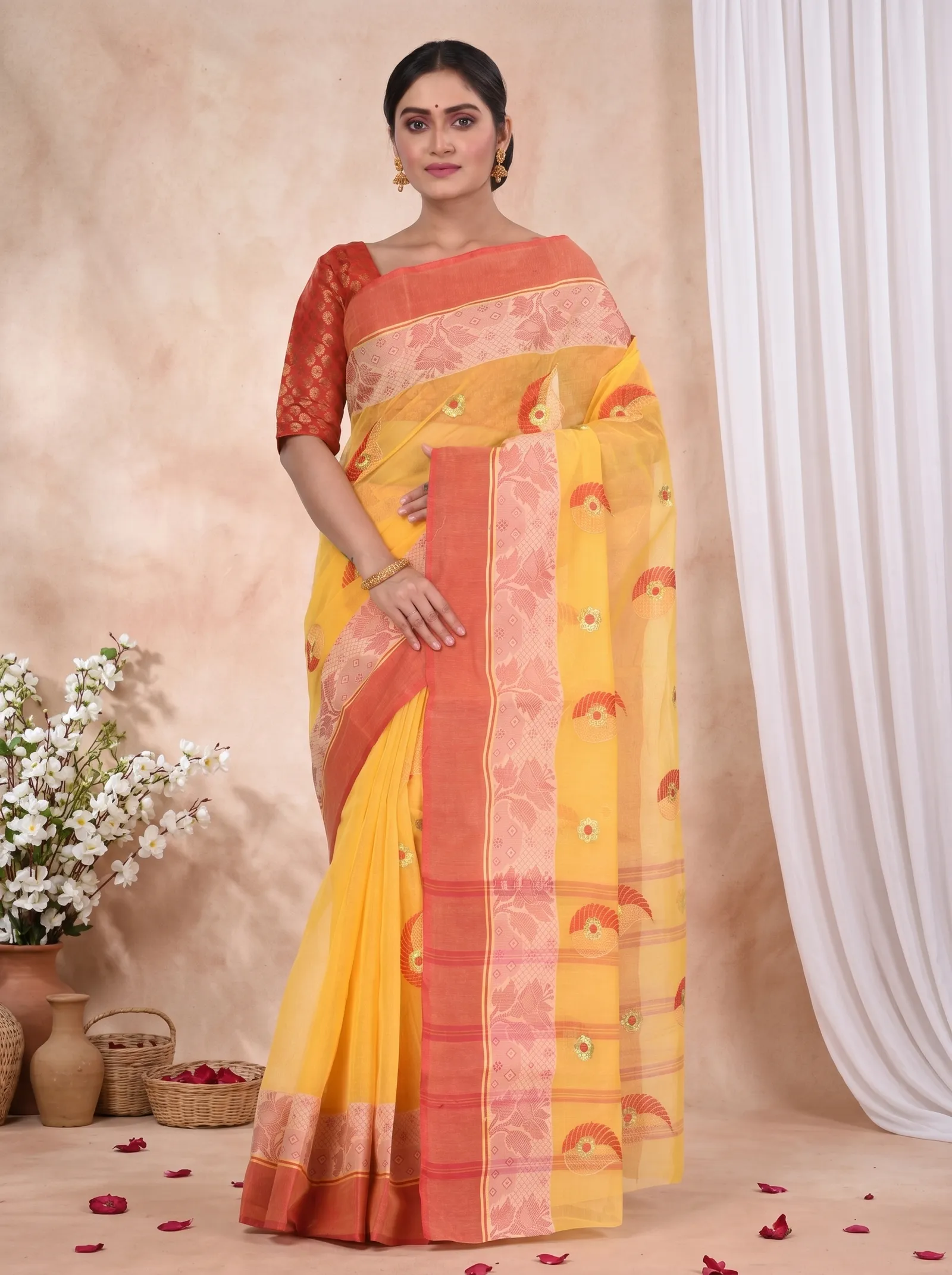 DipDiya Pure Cotton  Traditional Bengali Yellow Artisan Crafted Shanko Embro Embroidery Tant Saree