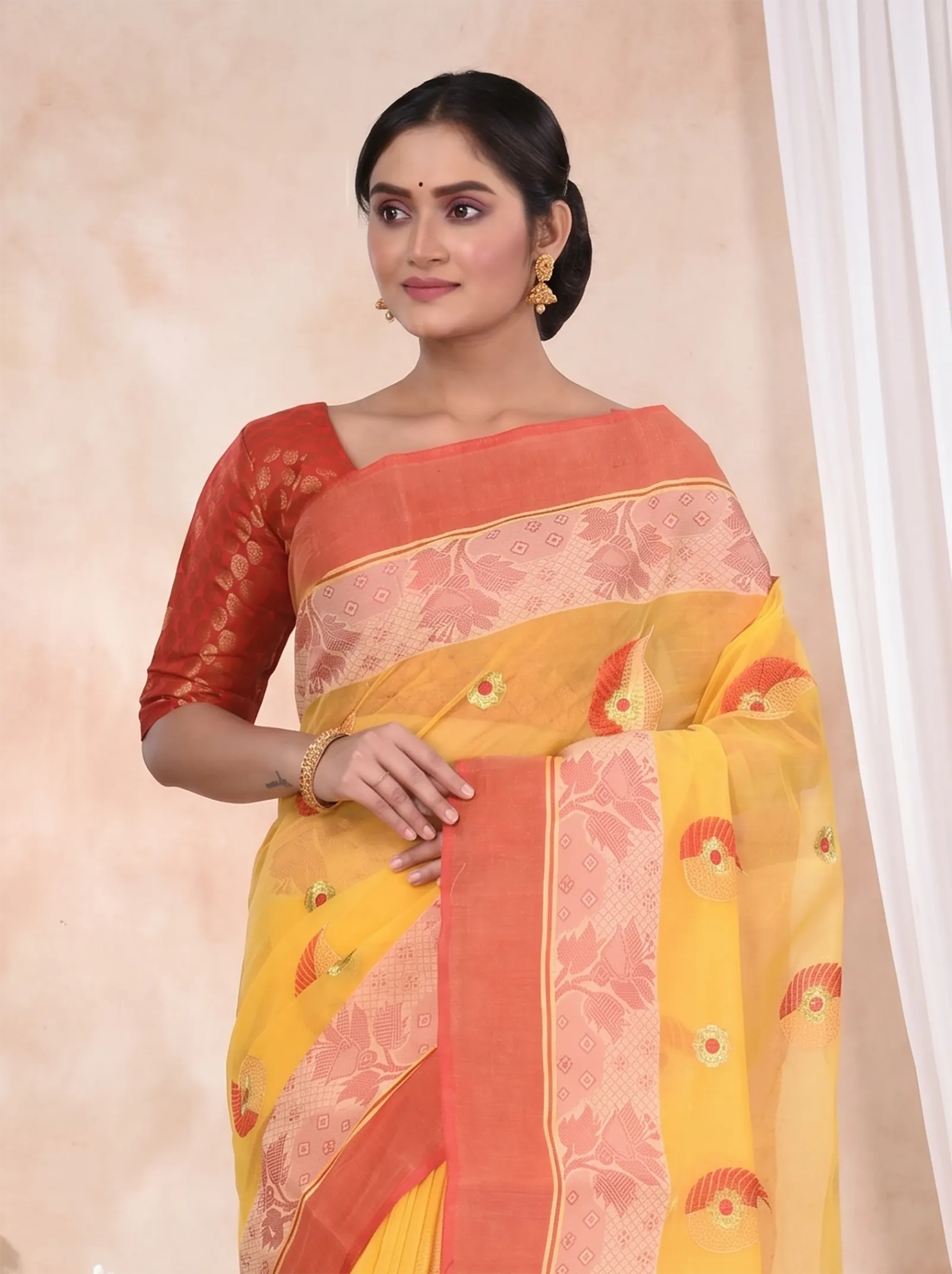 DipDiya Pure Cotton  Traditional Bengali Yellow Artisan Crafted Shanko Embro Embroidery Tant Saree