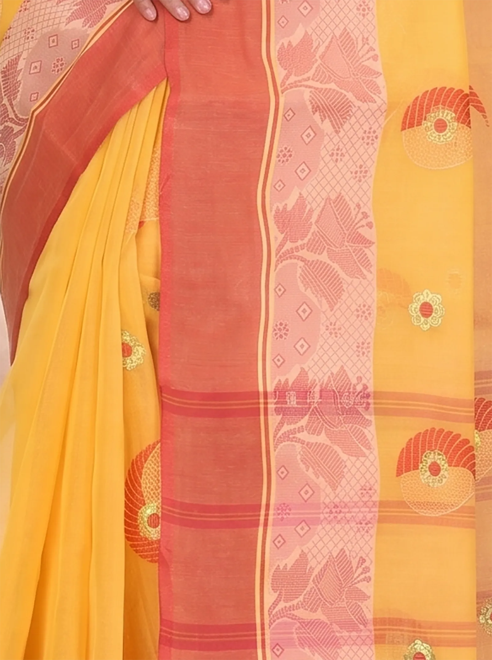 DipDiya Pure Cotton  Traditional Bengali Yellow Artisan Crafted Shanko Embro Embroidery Tant Saree