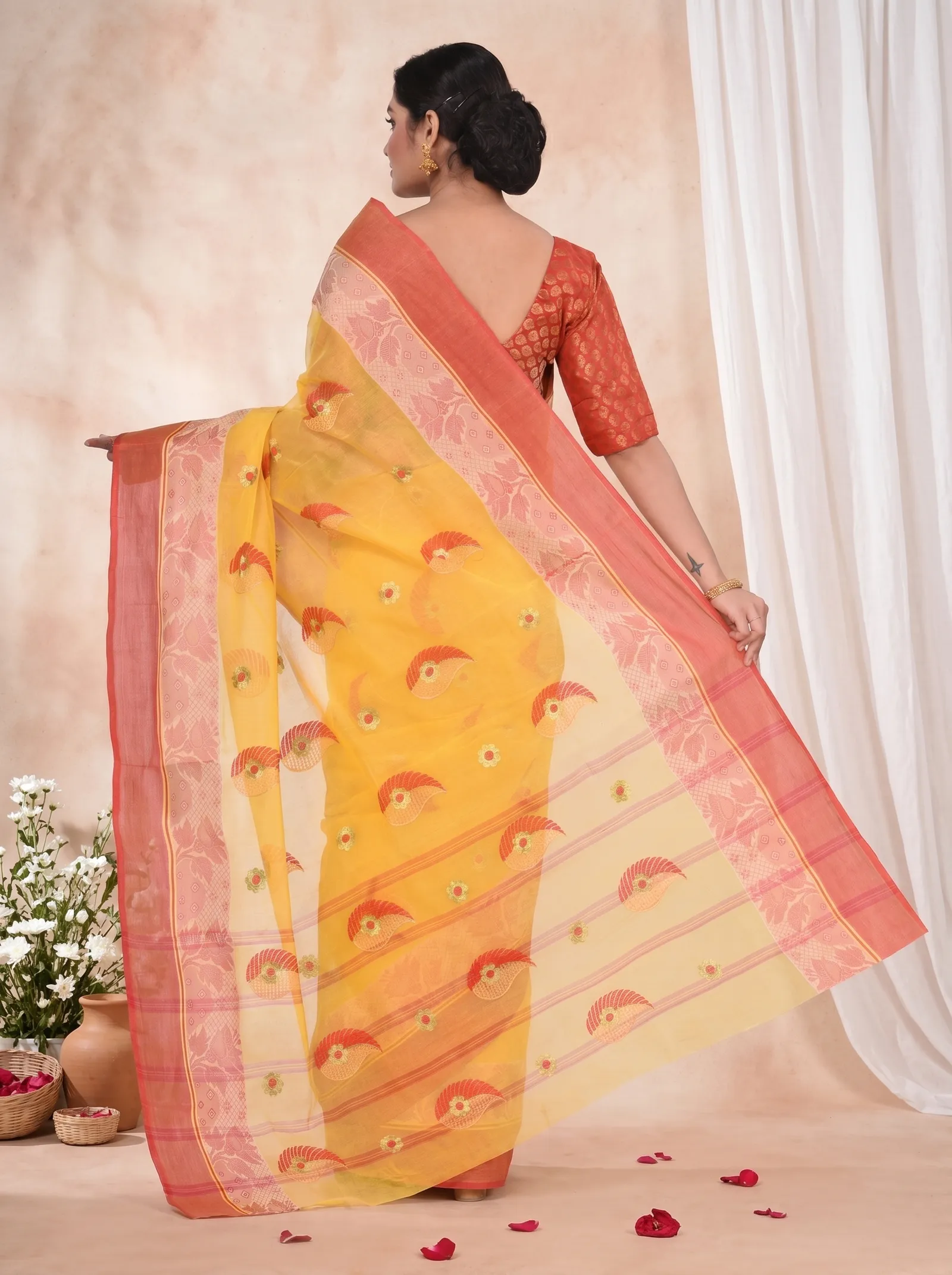 DipDiya Pure Cotton  Traditional Bengali Yellow Artisan Crafted Shanko Embro Embroidery Tant Saree