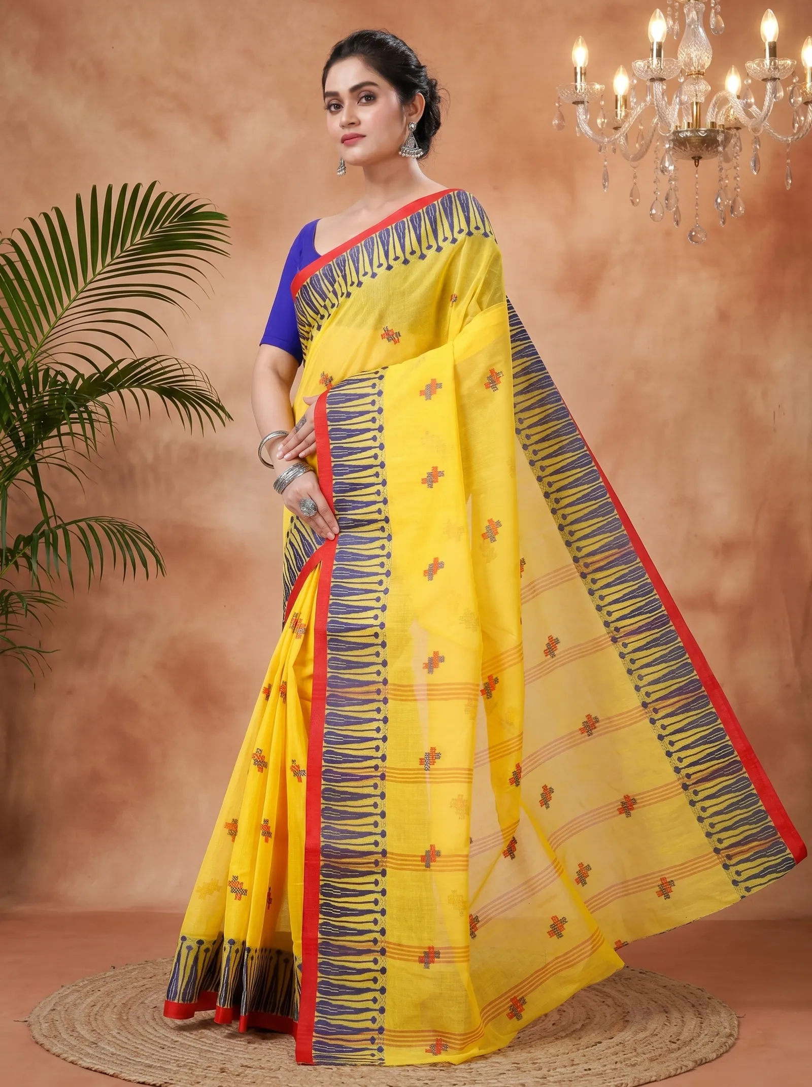 DipDiya Pure Cotton  Traditional Bengali Yellow Artisan Crafted Simar Tant Saree