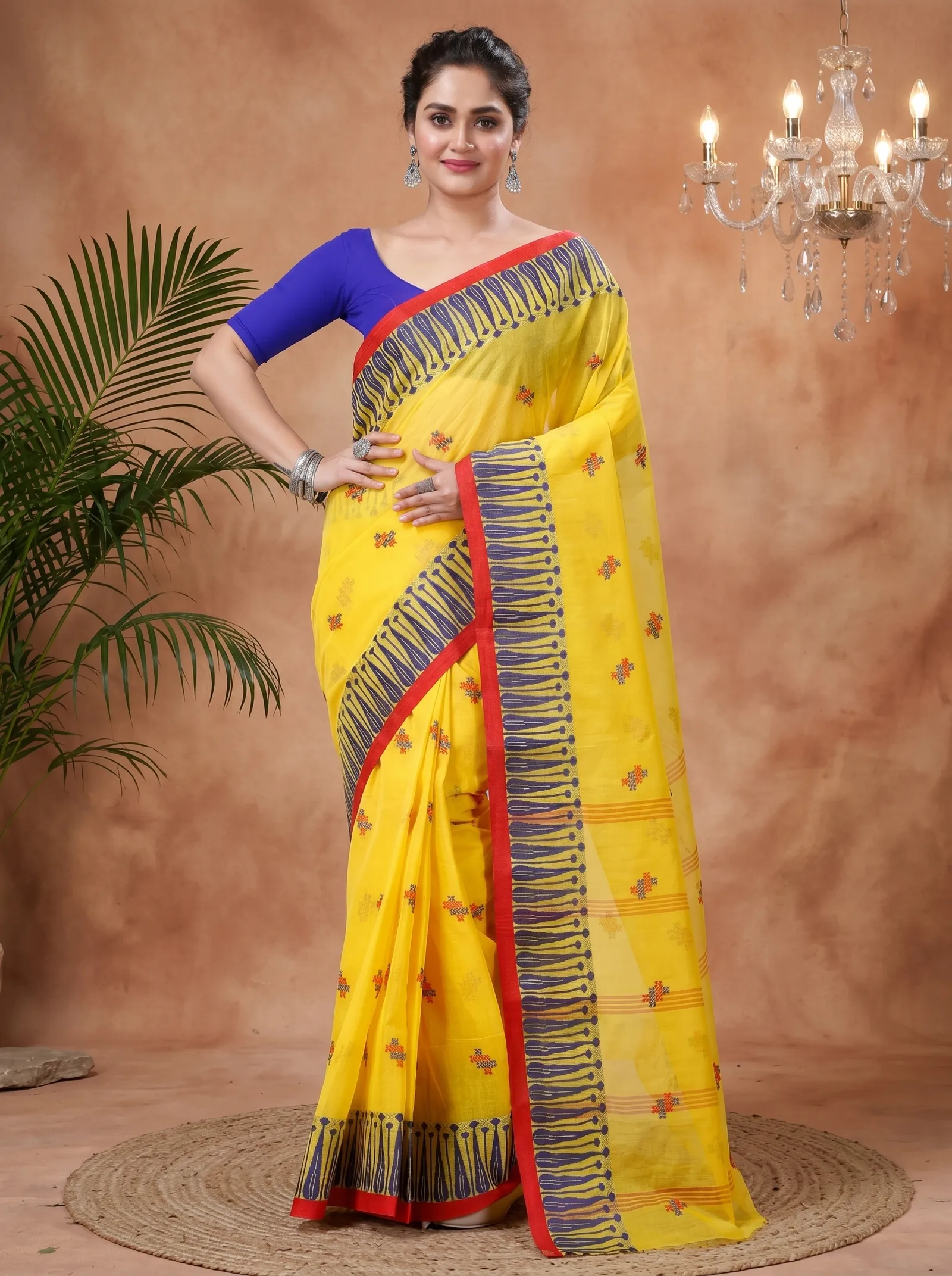 DipDiya Pure Cotton  Traditional Bengali Yellow Artisan Crafted Simar Tant Saree
