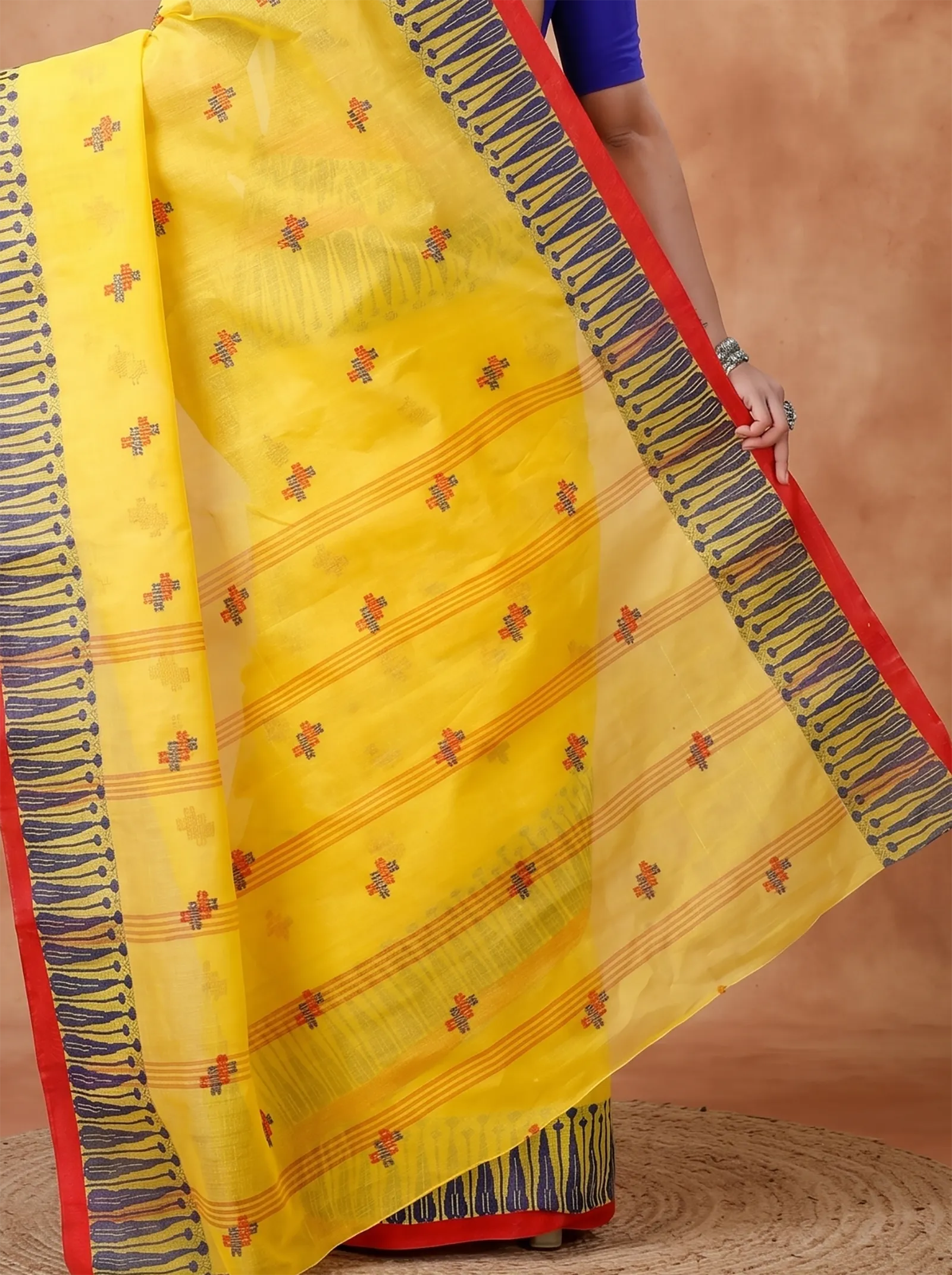 DipDiya Pure Cotton  Traditional Bengali Yellow Artisan Crafted Simar Tant Saree