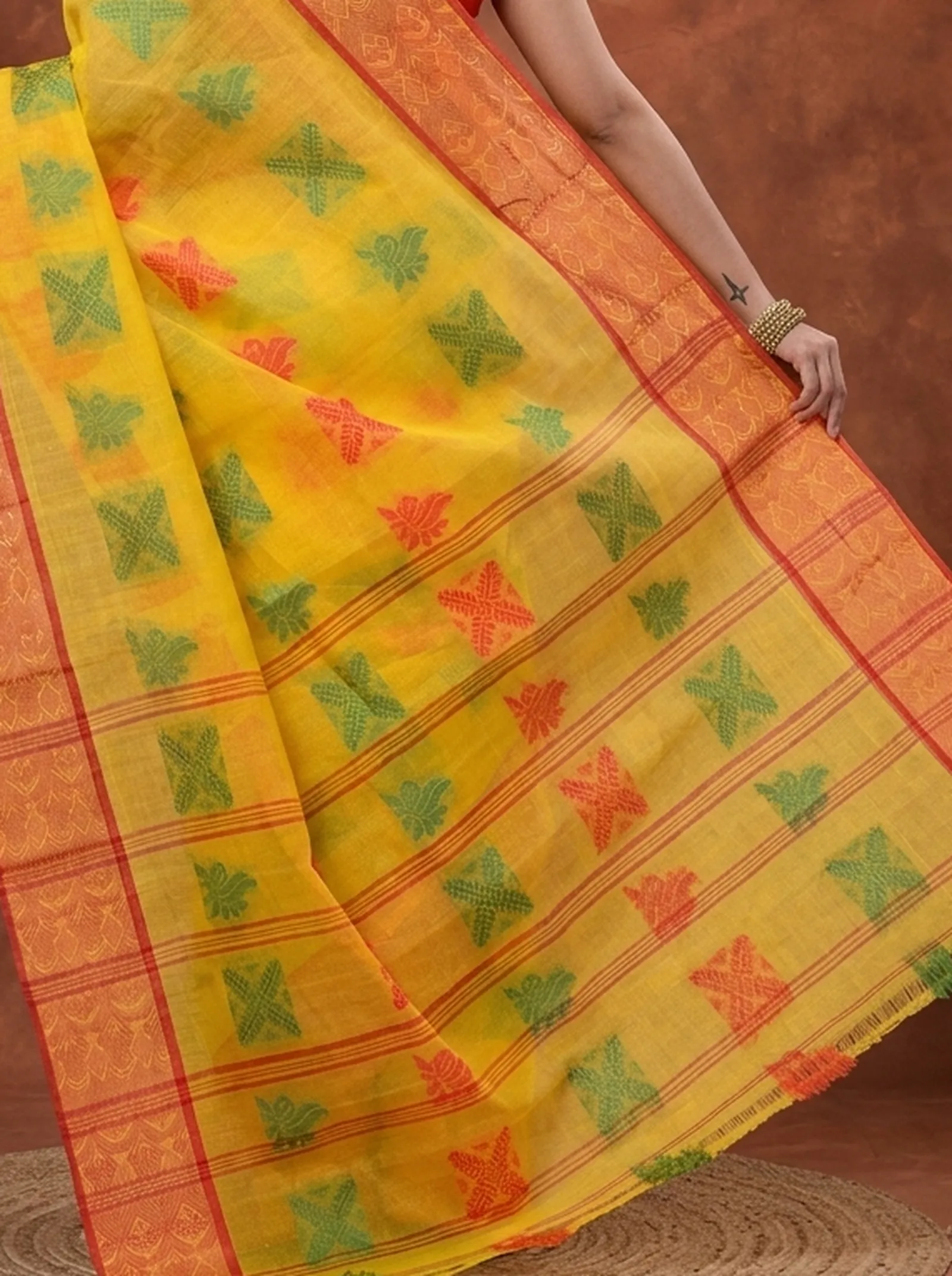 DipDiya Pure Cotton  Traditional Bengali Yellow Artisan Crafted Suparna Buti Tant Saree