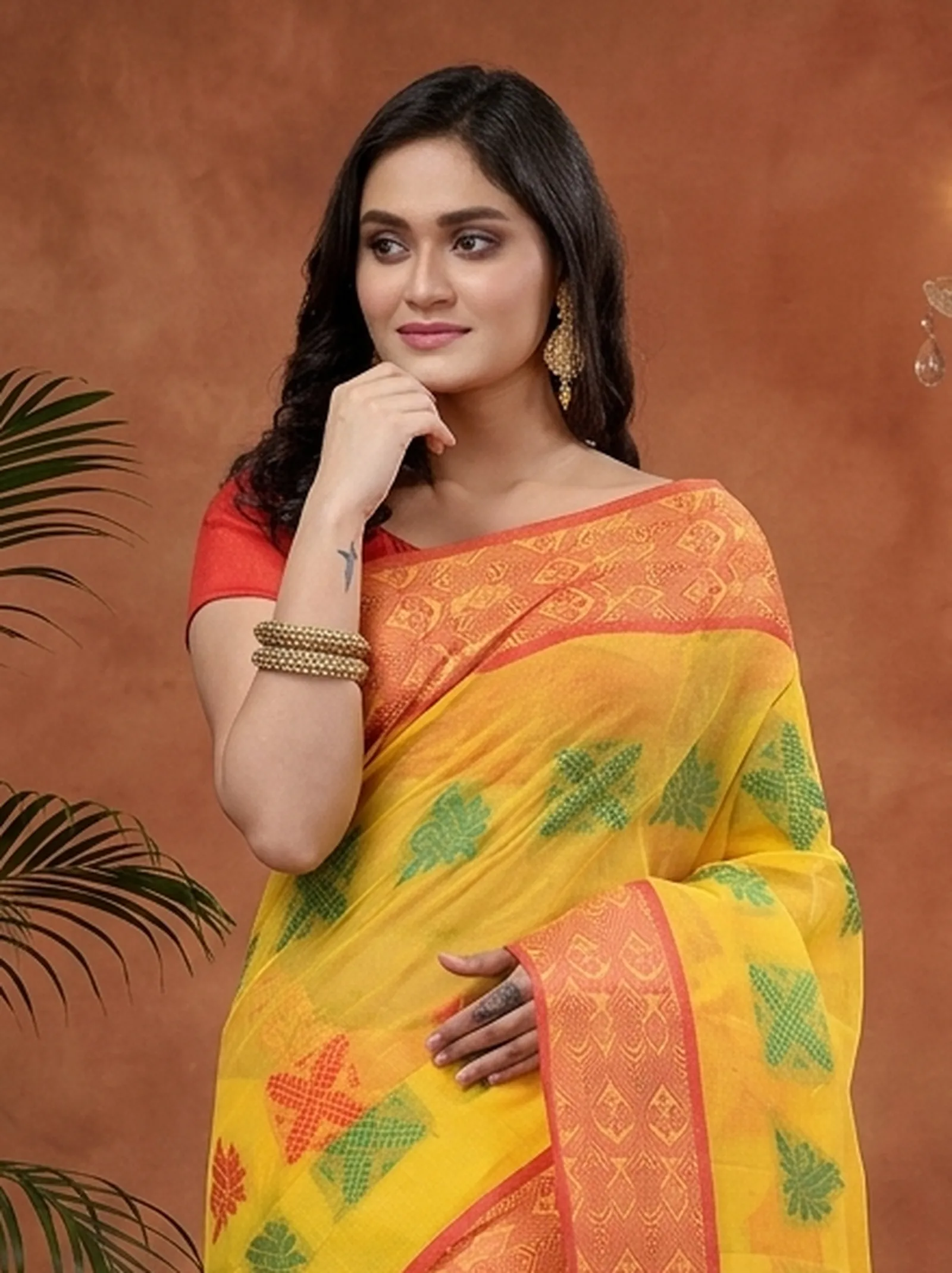 DipDiya Pure Cotton  Traditional Bengali Yellow Artisan Crafted Suparna Buti Tant Saree