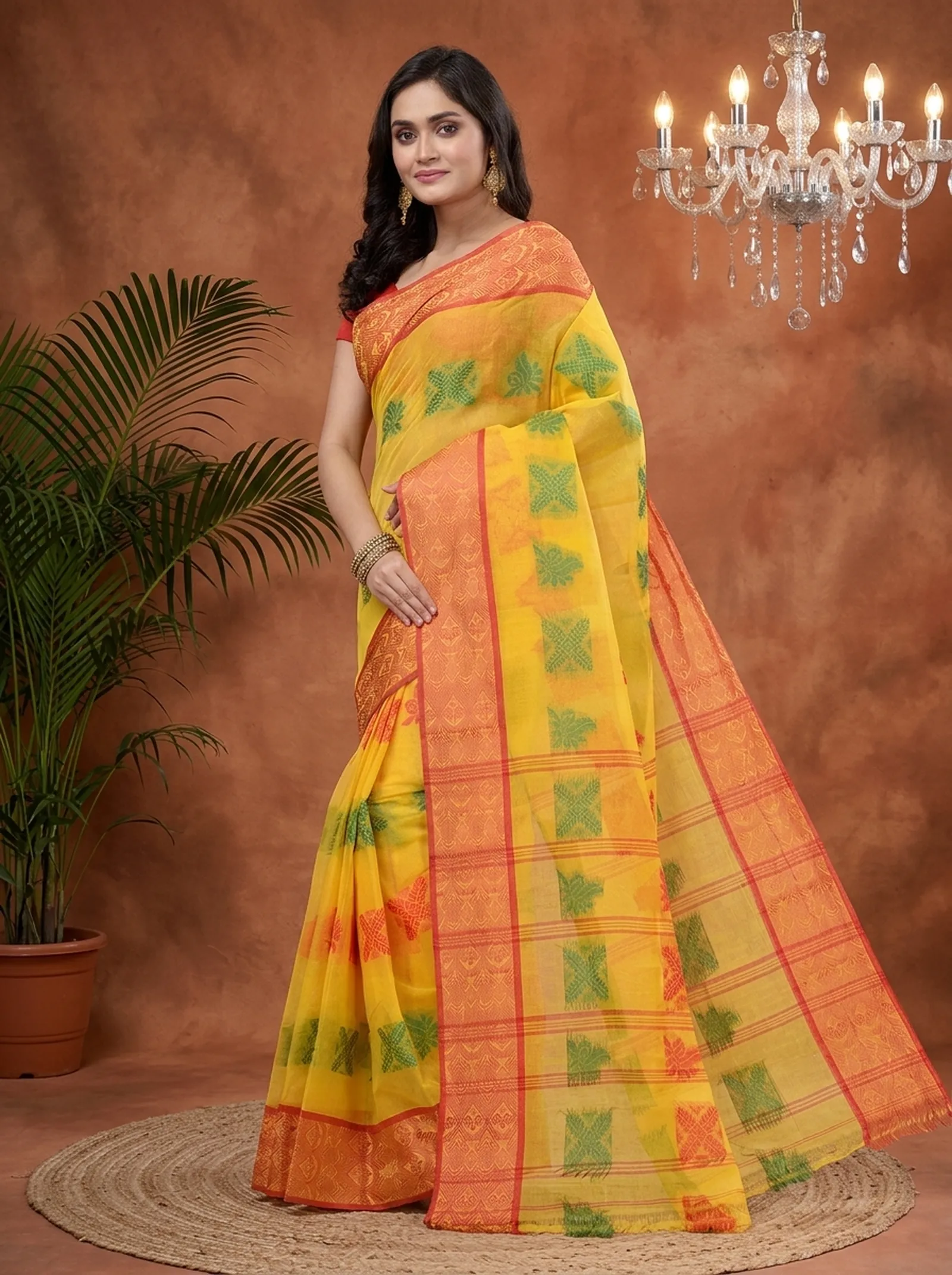 DipDiya Pure Cotton  Traditional Bengali Yellow Artisan Crafted Suparna Buti Tant Saree