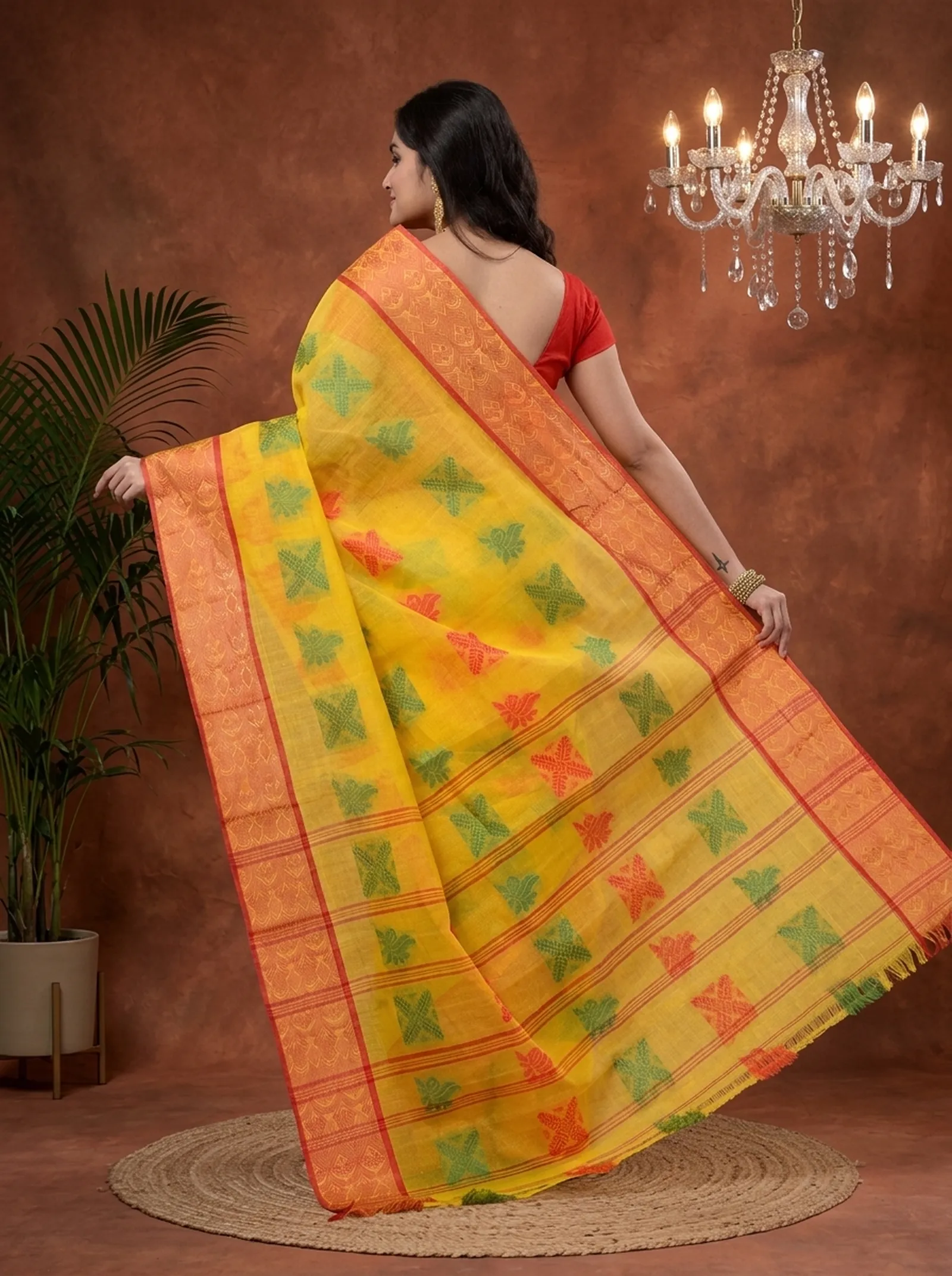 DipDiya Pure Cotton  Traditional Bengali Yellow Artisan Crafted Suparna Buti Tant Saree
