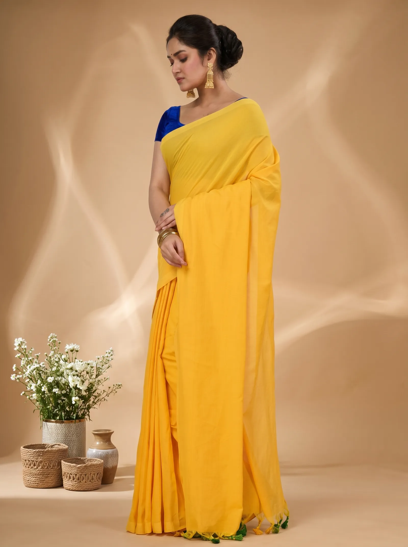 DipDiya Pure Cotton  Traditional Bengali Yellow Artisan Crafted ThanKhadi Handloom Saree