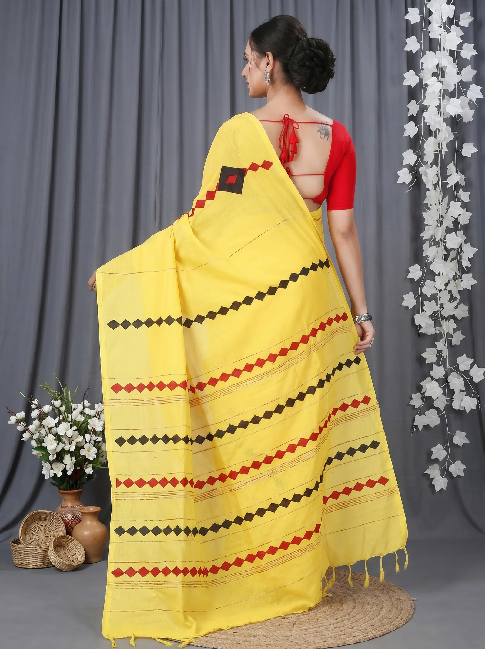 DipDiya Pure Cotton  Traditional Bengali Yellow Artisan Crafted Tika Applique Saree
