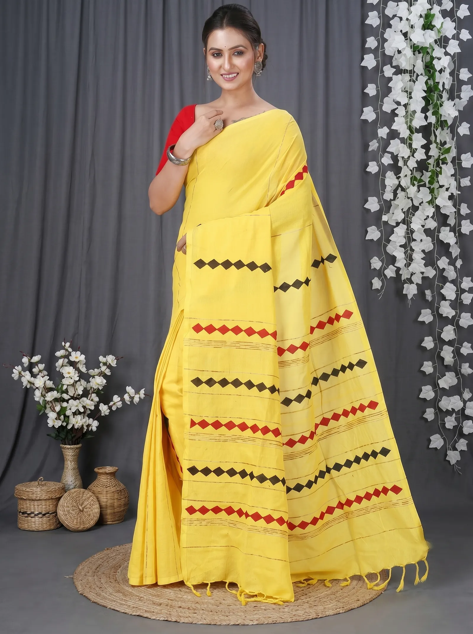 DipDiya Pure Cotton  Traditional Bengali Yellow Artisan Crafted Tika Applique Saree
