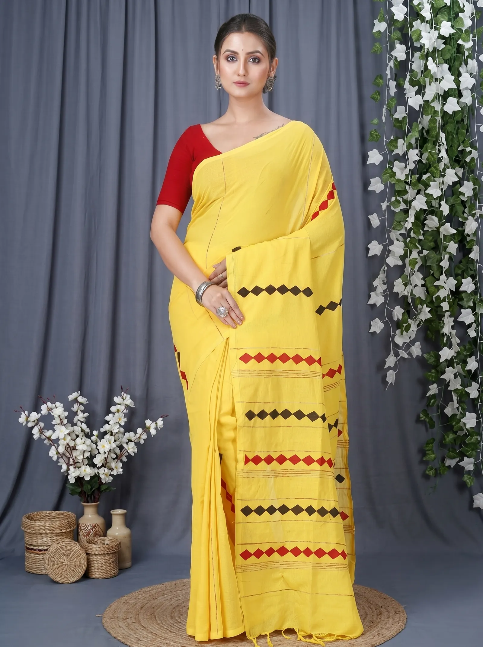 DipDiya Pure Cotton  Traditional Bengali Yellow Artisan Crafted Tika Applique Saree