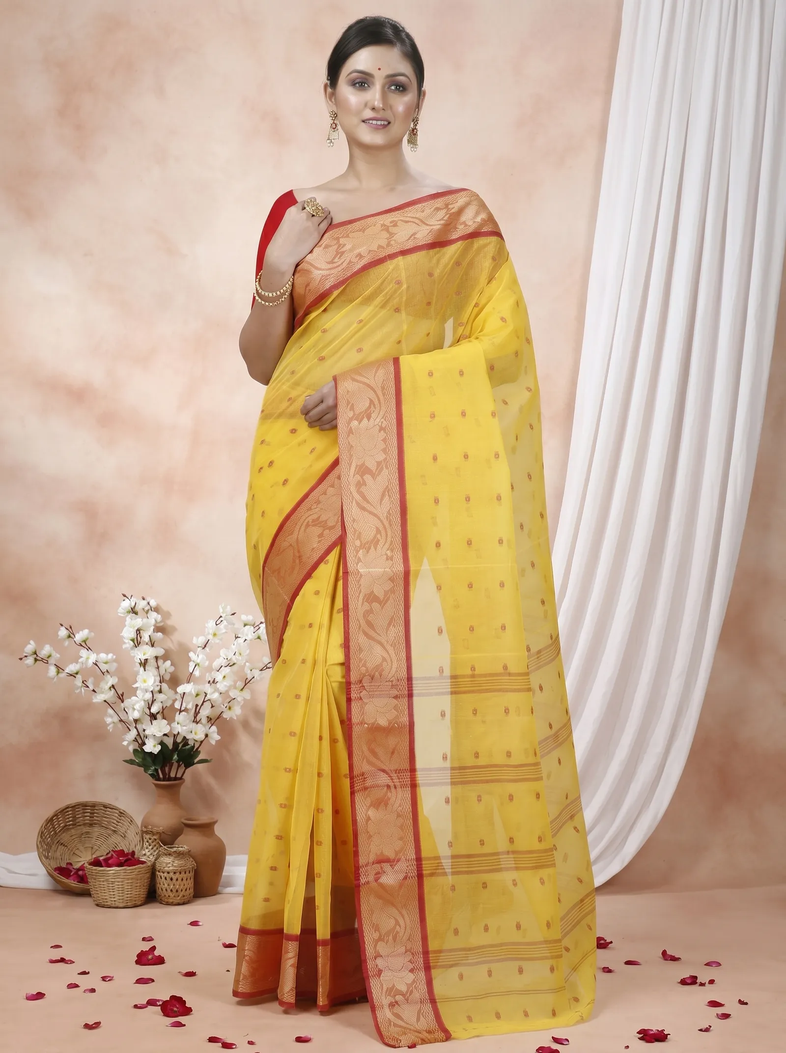 DipDiya Pure Cotton  Traditional Bengali Yellow Artisan Crafted Unnati Tant Saree