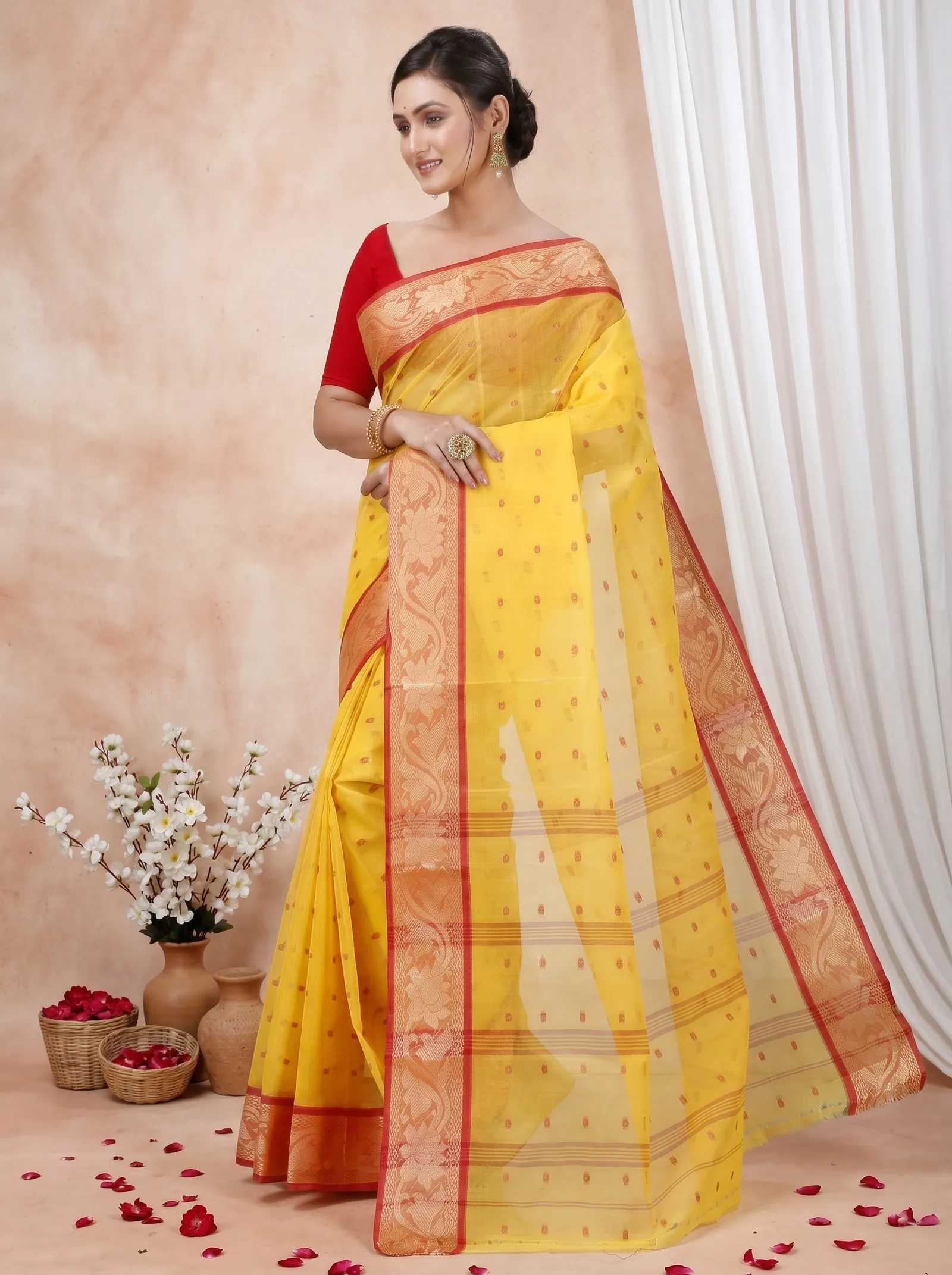 DipDiya Pure Cotton  Traditional Bengali Yellow Artisan Crafted Unnati Tant Saree