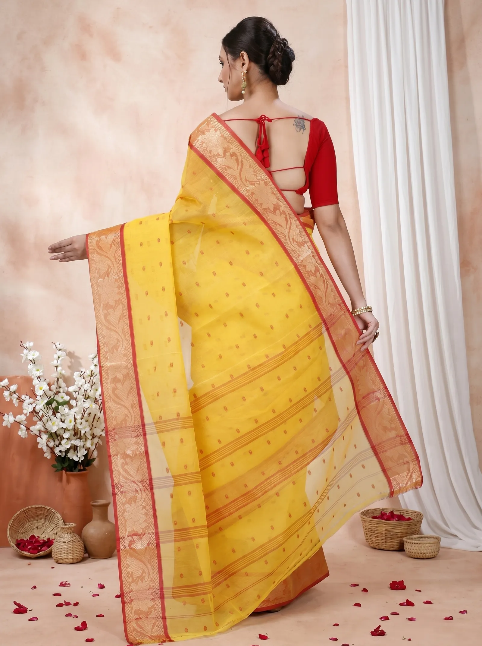 DipDiya Pure Cotton  Traditional Bengali Yellow Artisan Crafted Unnati Tant Saree