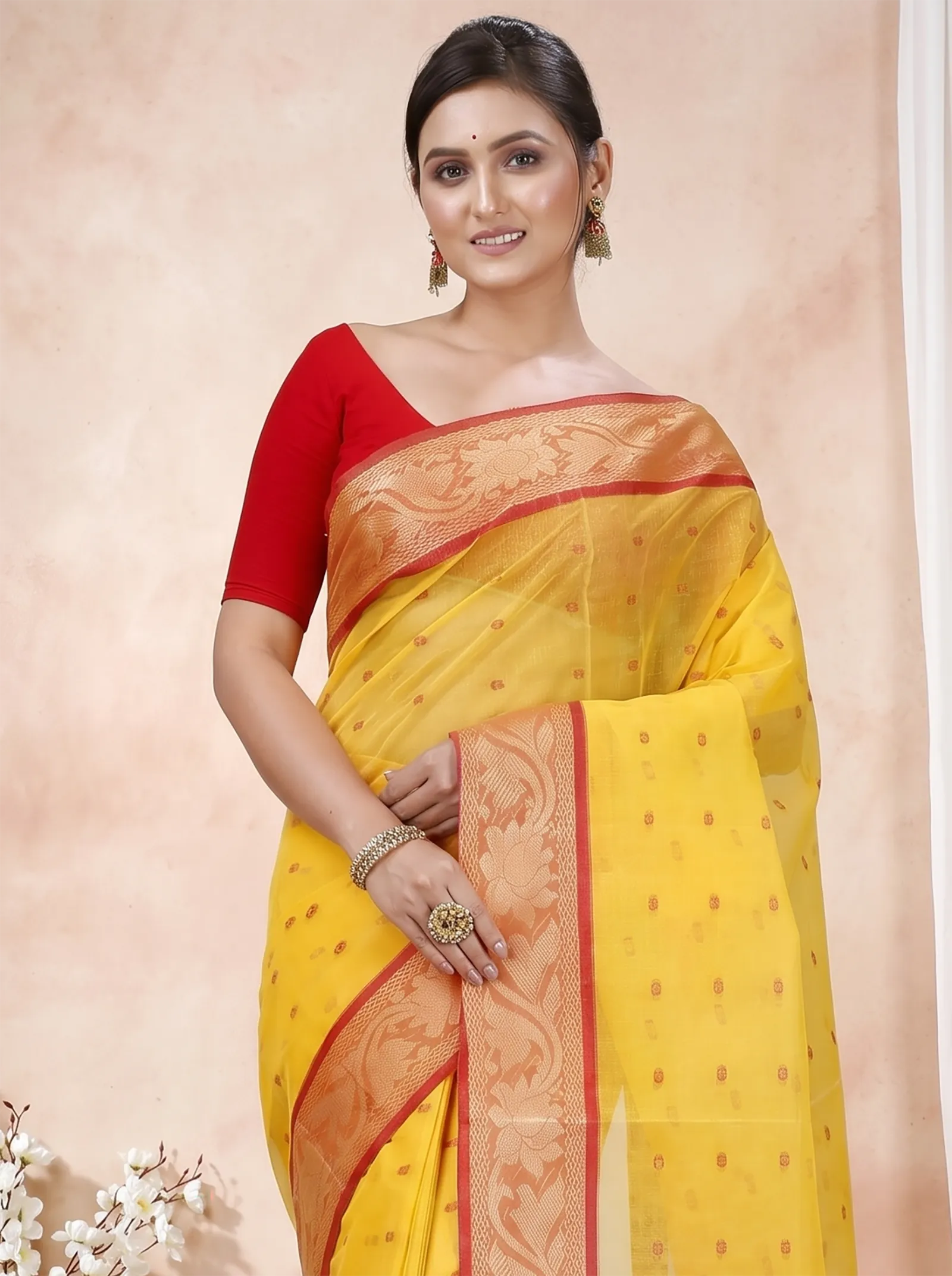DipDiya Pure Cotton  Traditional Bengali Yellow Artisan Crafted Unnati Tant Saree