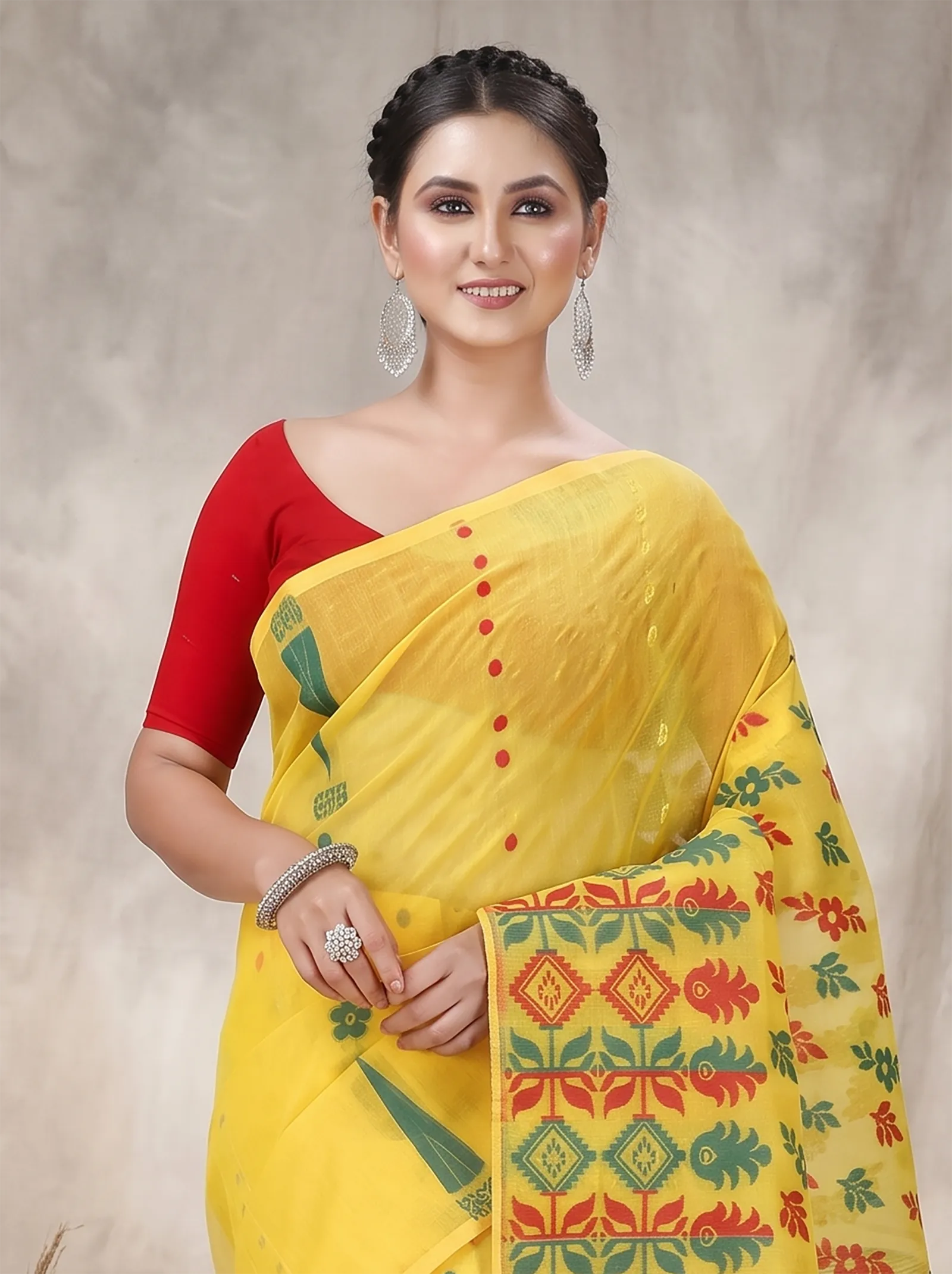 DipDiya Pure Cotton  Traditional Bengali Yellow Artisan Crafted Urmila Jamdani Saree