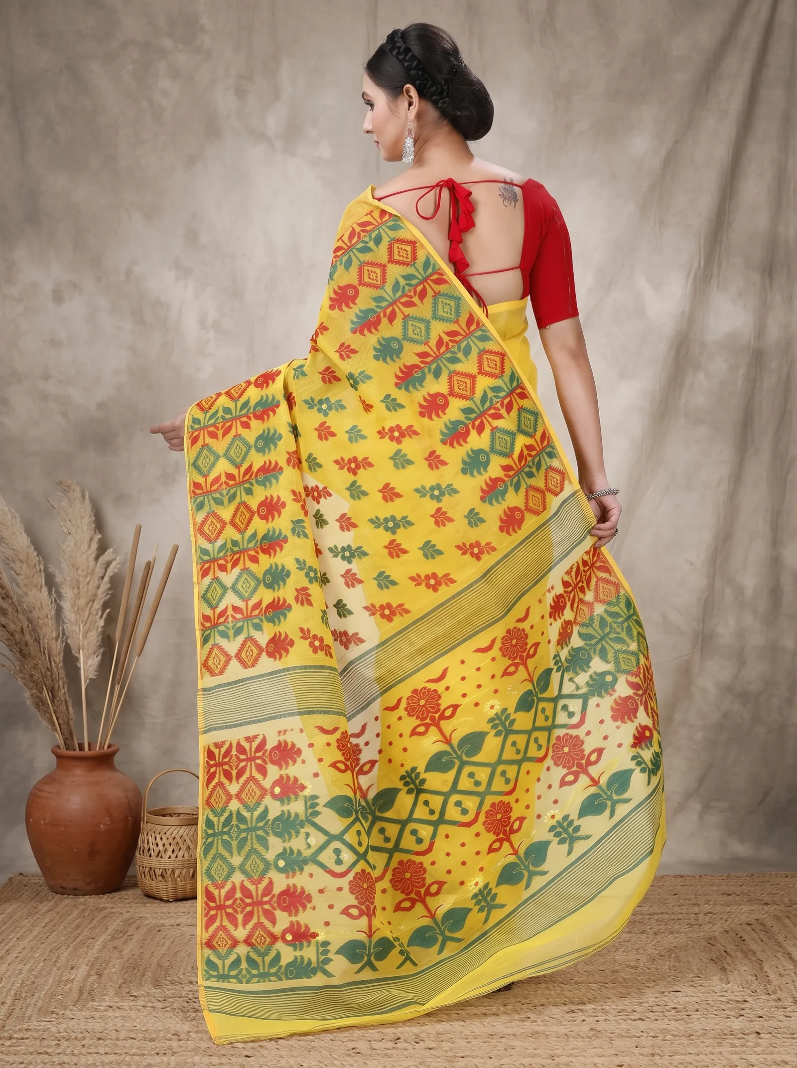 DipDiya Pure Cotton  Traditional Bengali Yellow Artisan Crafted Urmila Jamdani Saree