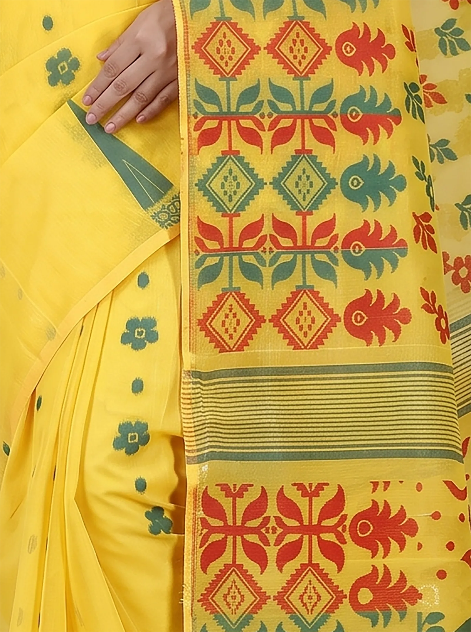 DipDiya Pure Cotton  Traditional Bengali Yellow Artisan Crafted Urmila Jamdani Saree