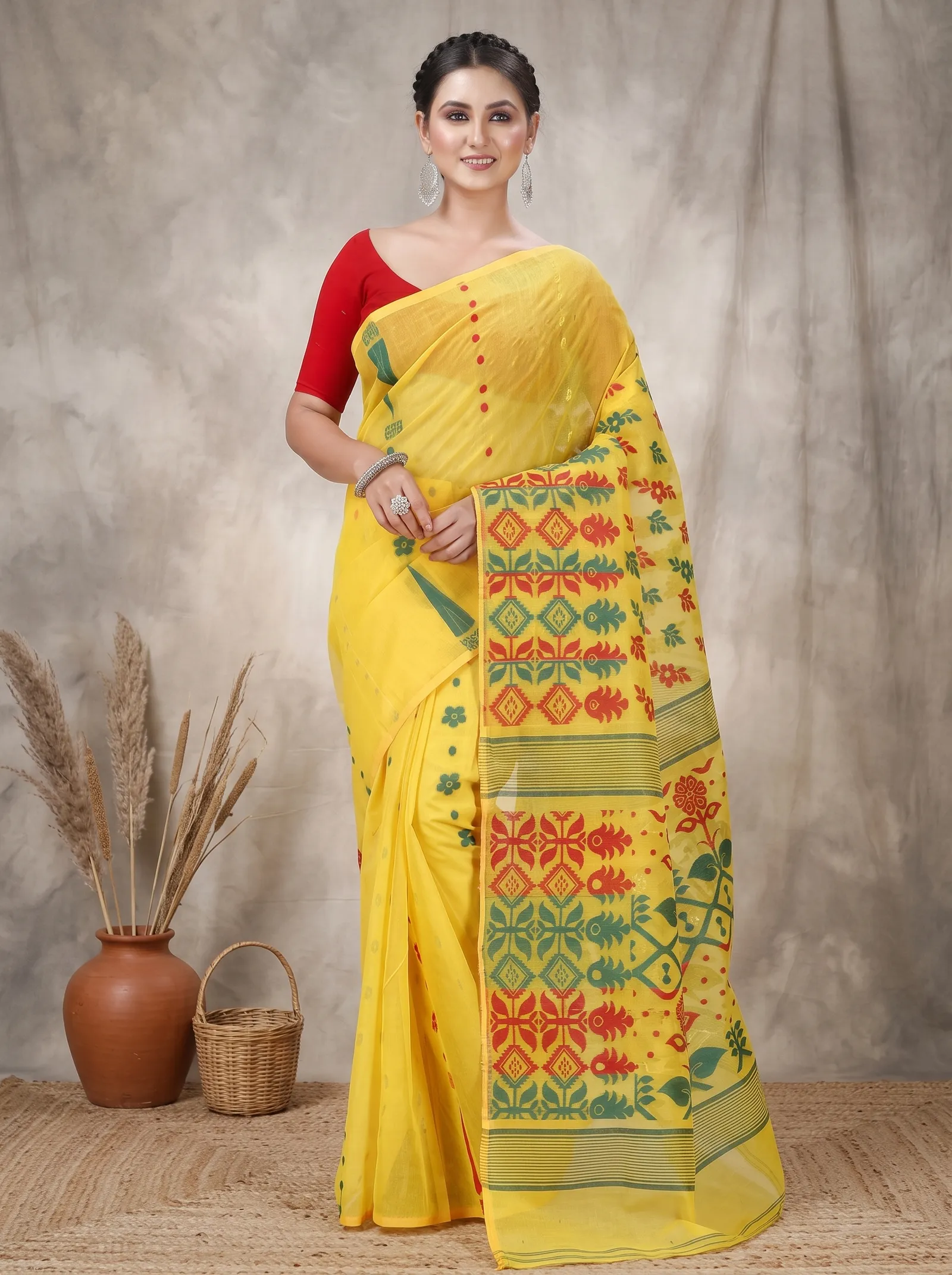 DipDiya Pure Cotton  Traditional Bengali Yellow Artisan Crafted Urmila Jamdani Saree