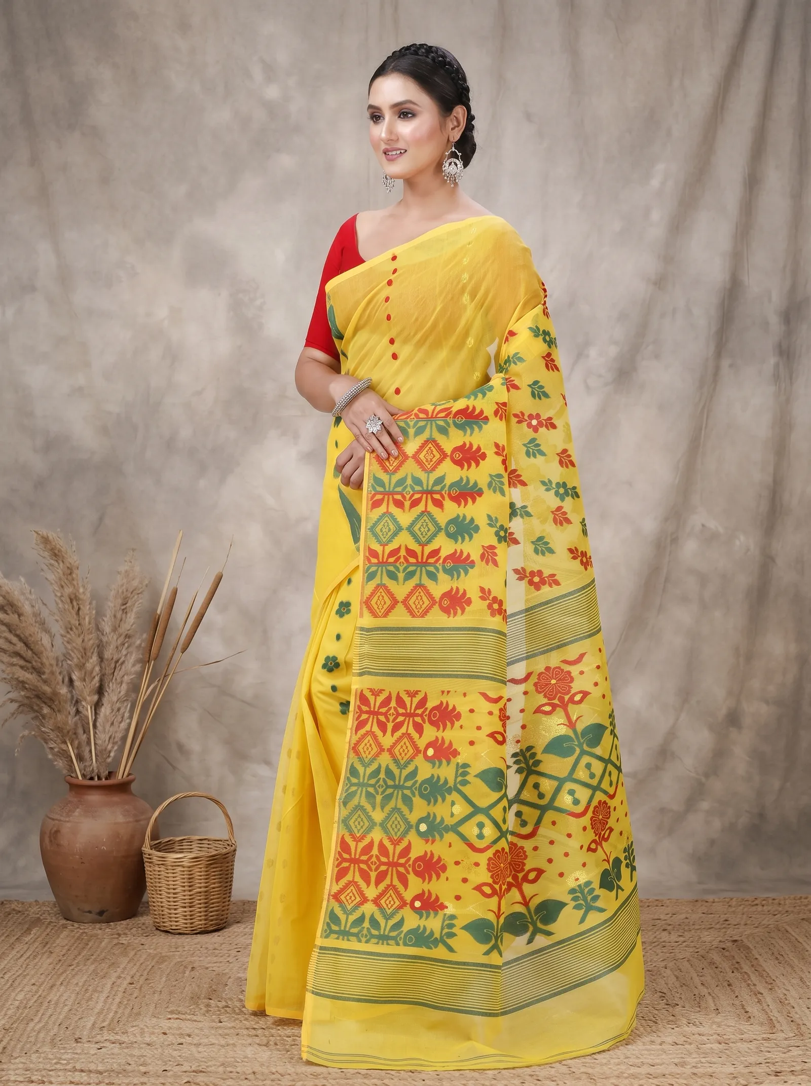 DipDiya Pure Cotton  Traditional Bengali Yellow Artisan Crafted Urmila Jamdani Saree