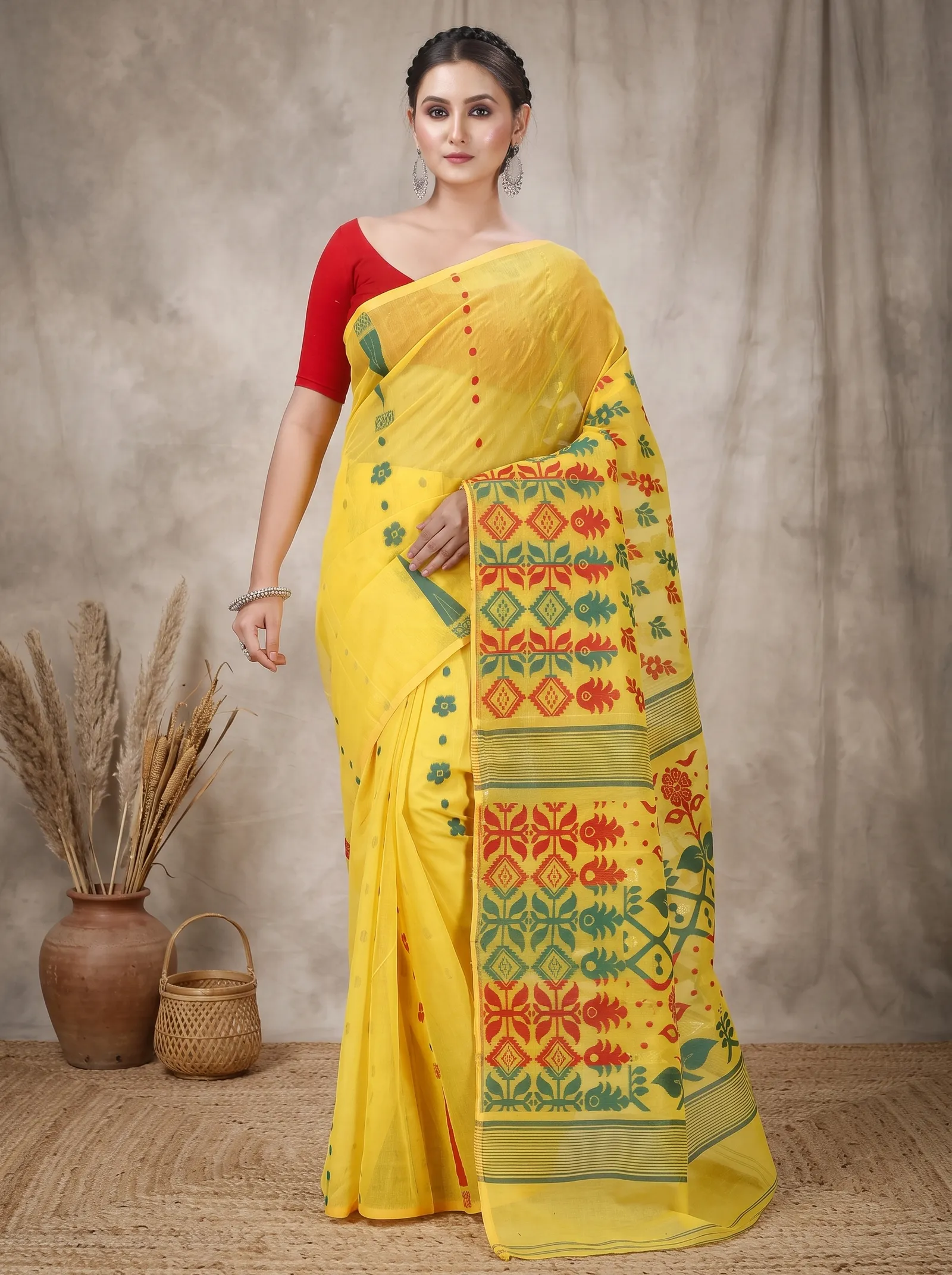 DipDiya Pure Cotton  Traditional Bengali Yellow Artisan Crafted Urmila Jamdani Saree