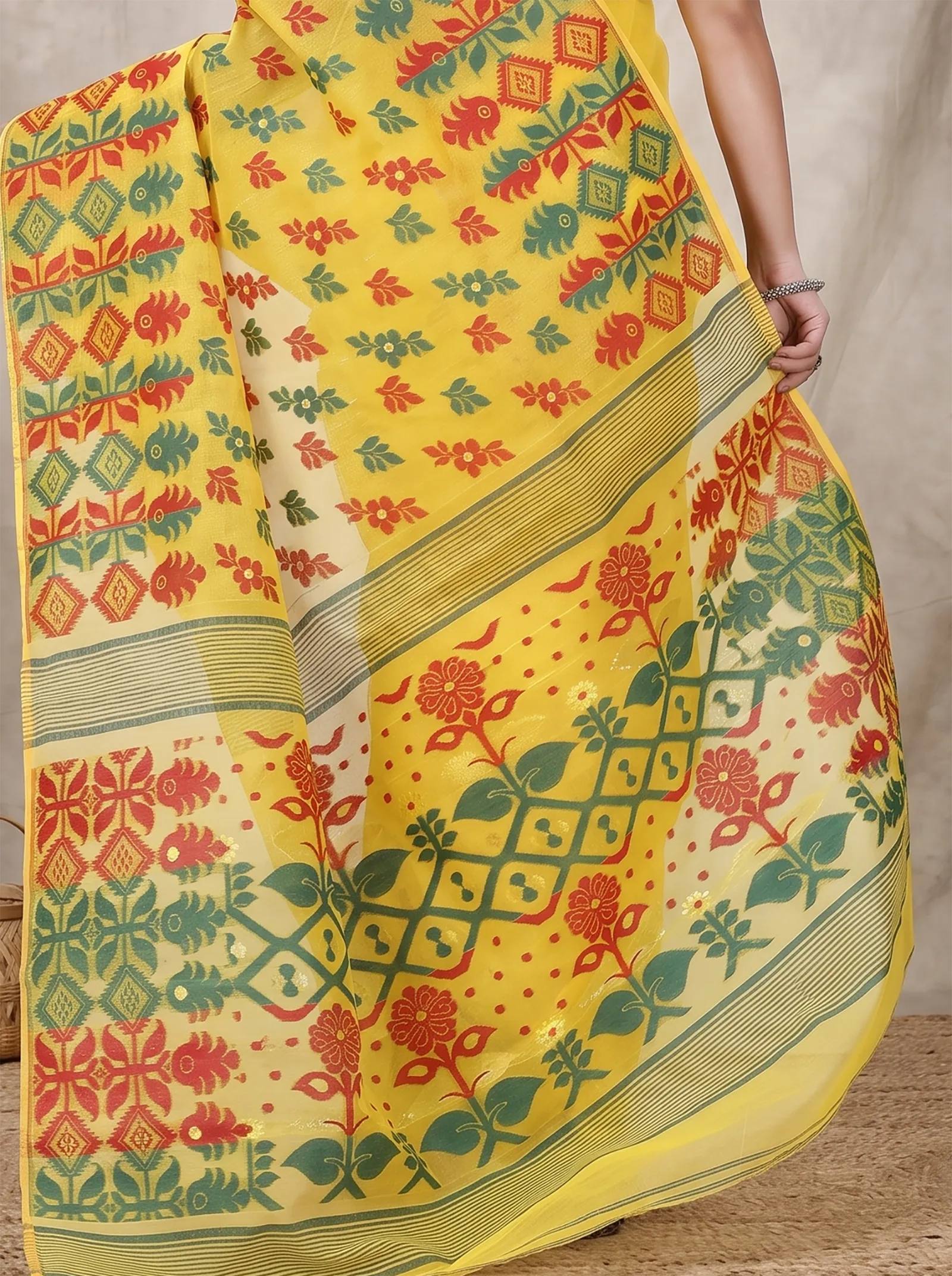 DipDiya Pure Cotton  Traditional Bengali Yellow Artisan Crafted Urmila Jamdani Saree
